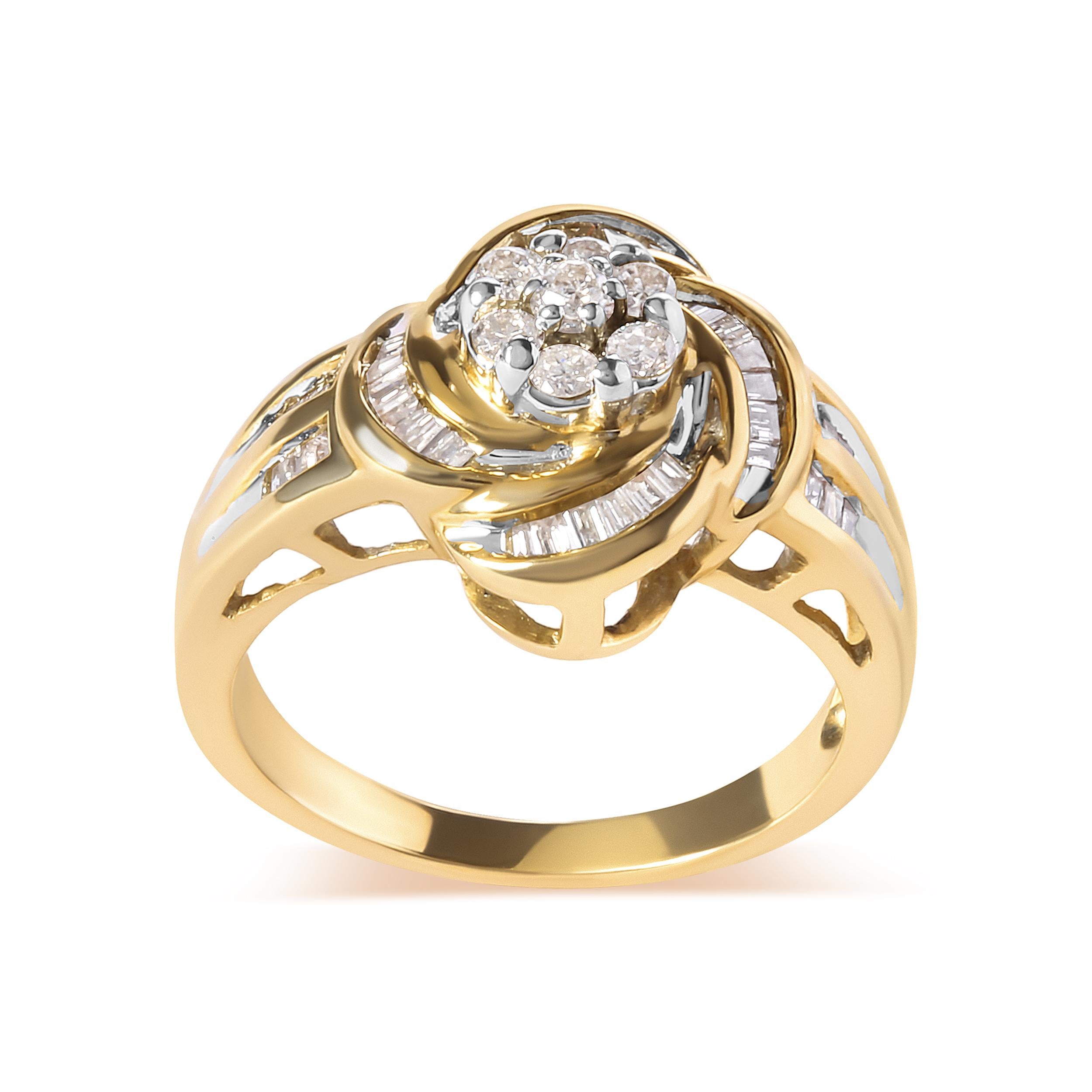 Indulge in the timeless beauty of this 10K yellow gold flower swirl cocktail ring, adorned with 43 natural diamonds totaling 1/2 cttw. The intricate design features round and baguette diamonds arranged in a delicate floral pattern, adding a touch of