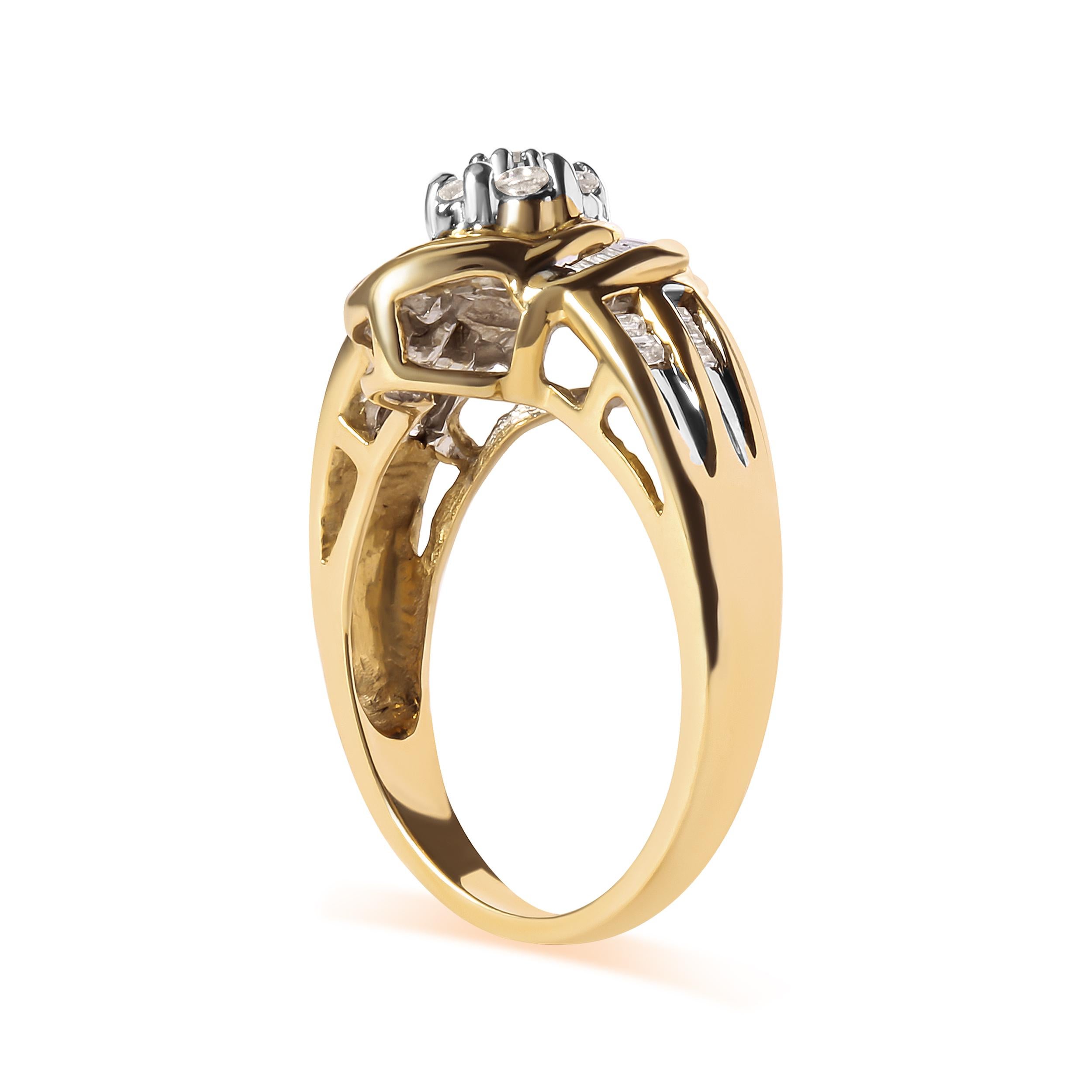 Modern 10K Yellow Gold 1/2 Carat Round and Baguette Diamond Flower Swirl Cocktail Ring For Sale