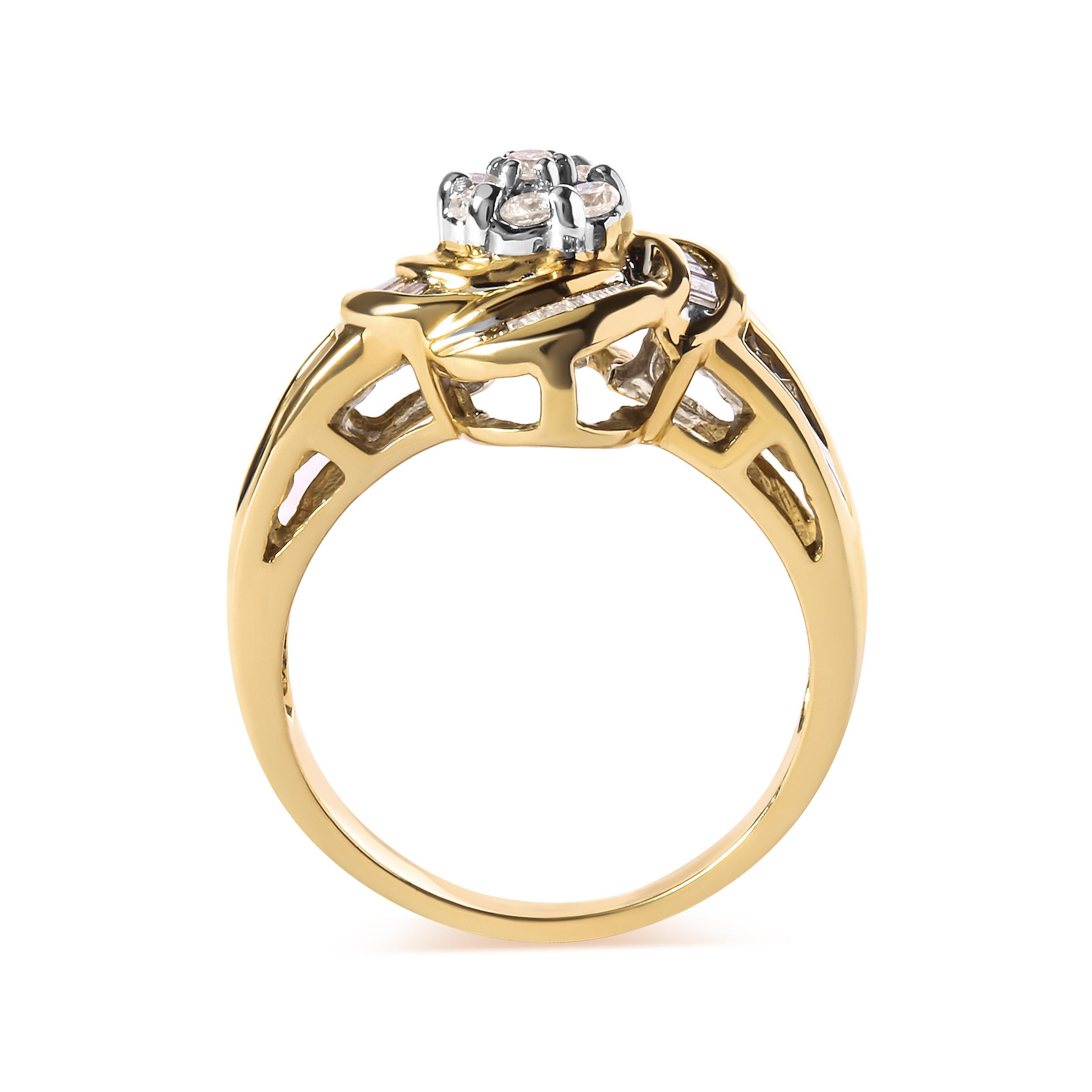 Round Cut 10K Yellow Gold 1/2 Carat Round and Baguette Diamond Flower Swirl Cocktail Ring For Sale