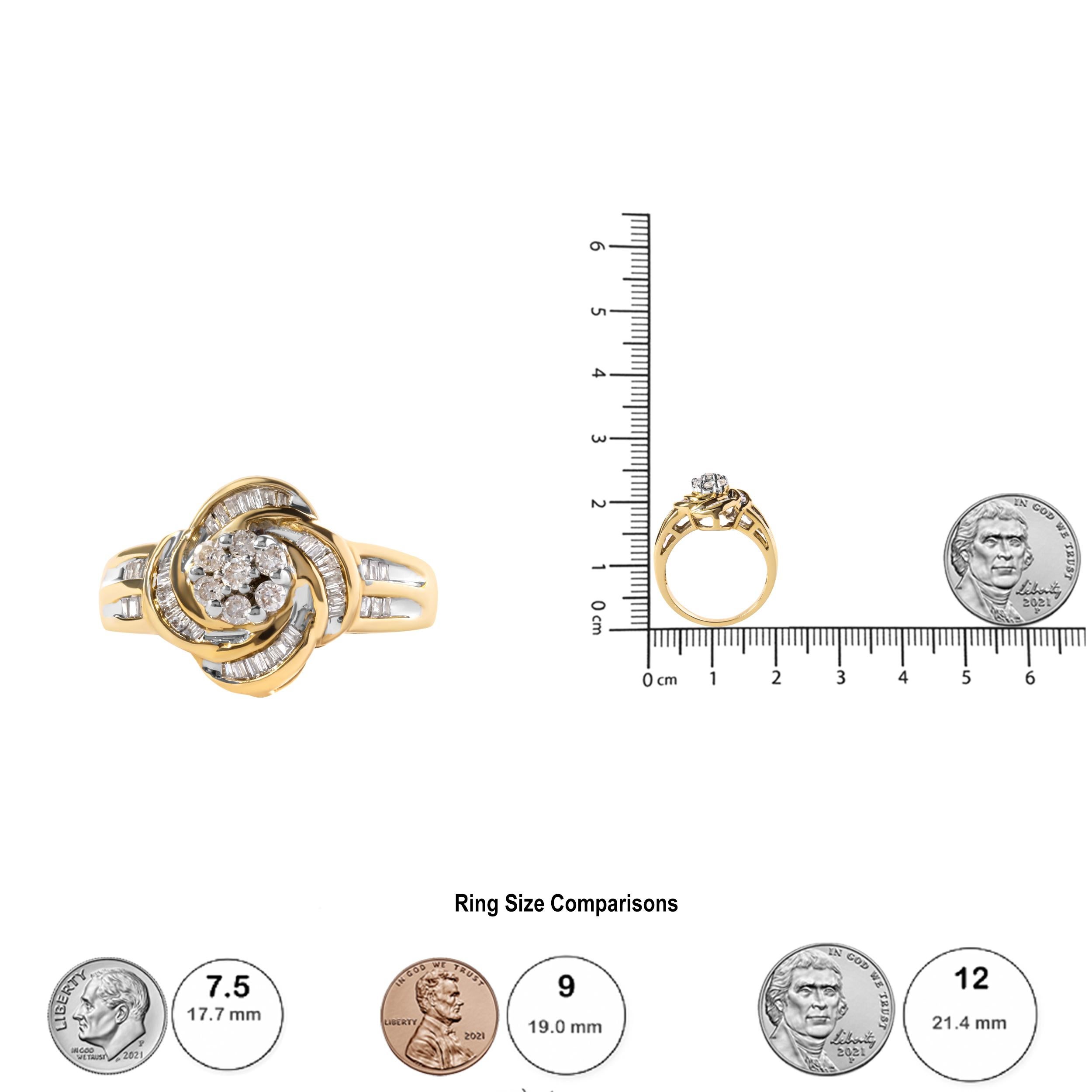 Women's 10K Yellow Gold 1/2 Carat Round and Baguette Diamond Flower Swirl Cocktail Ring For Sale