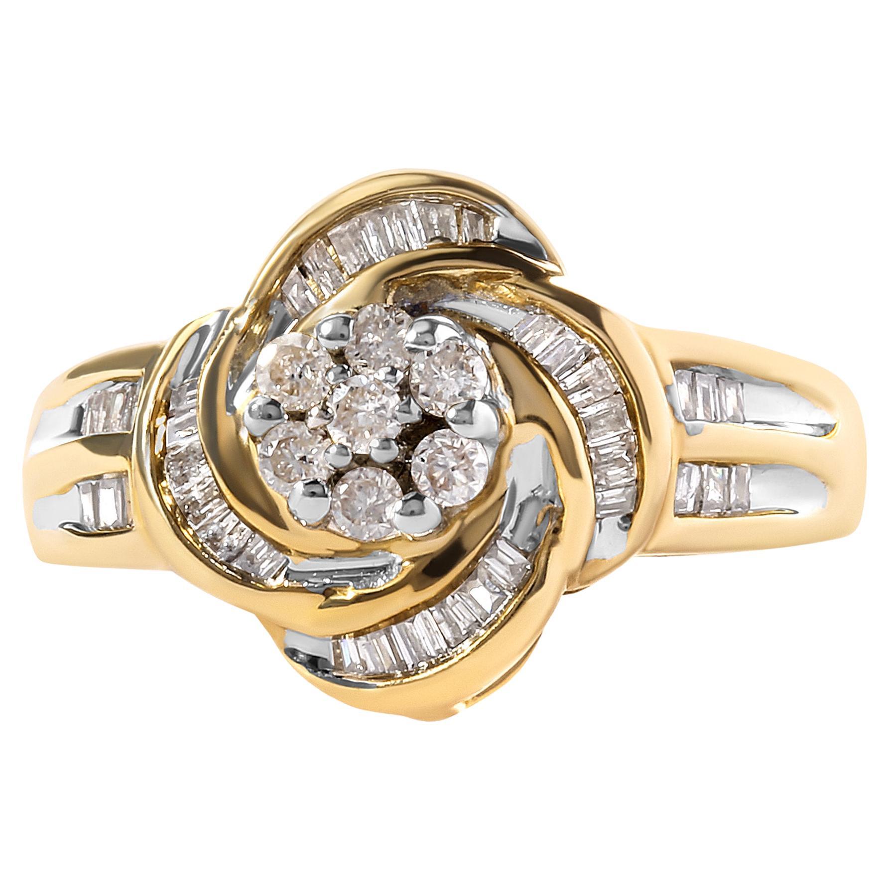 10K Yellow Gold 1/2 Carat Round and Baguette Diamond Flower Swirl Cocktail Ring For Sale