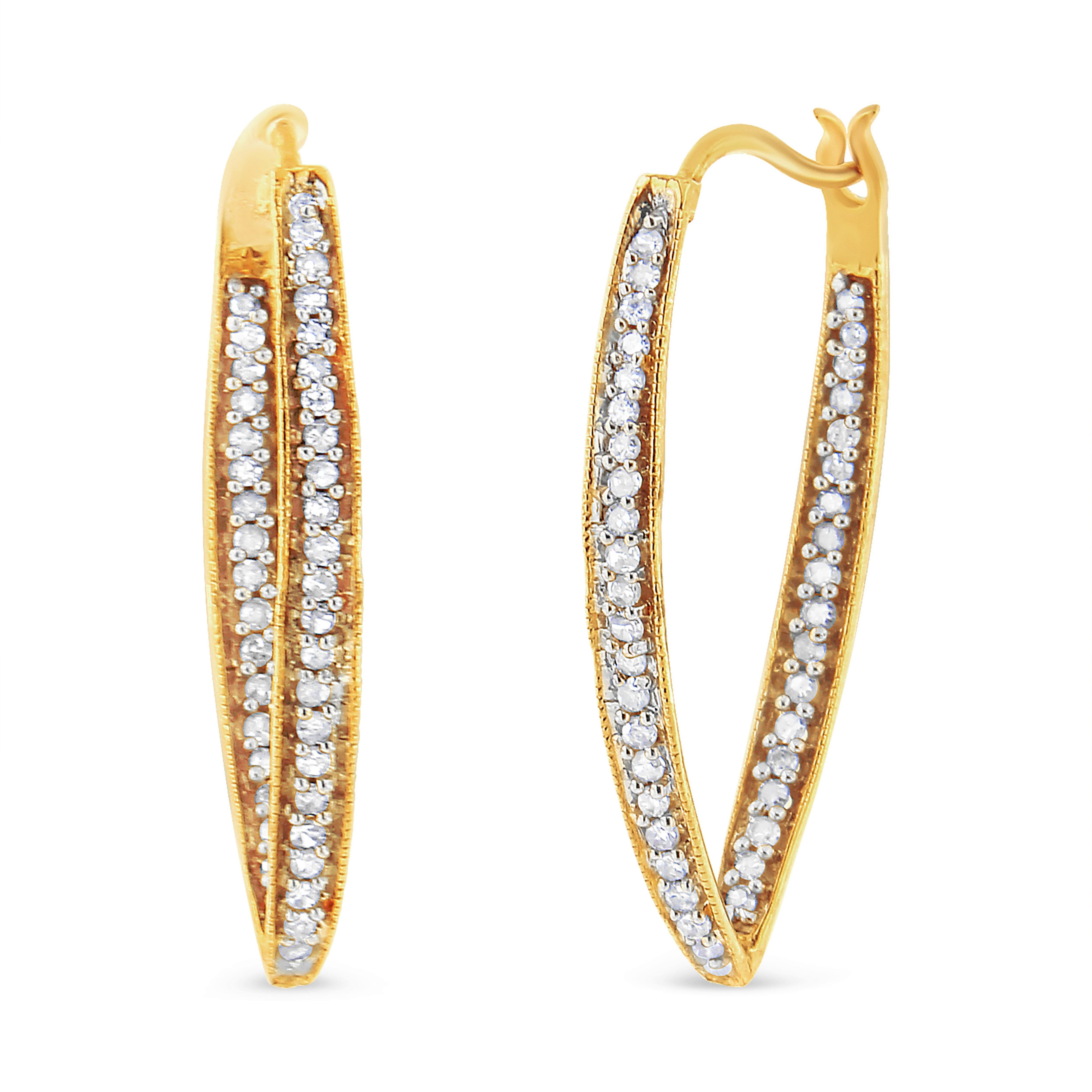 Contemporary 10K Yellow Gold 1/2 Carat Round-Cut Diamond Modern Hoop Earrings For Sale