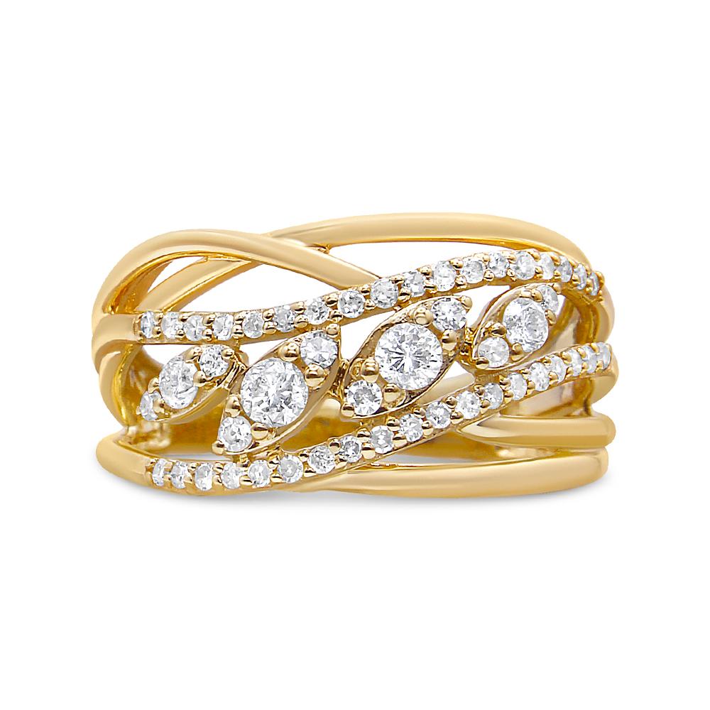 Bold and eye-catching, you will love how this 10k yellow gold cocktail ring shines on your finger. Crafted with an intricate split shank design, this ring has a total carat weight of 1/2 c.t. and is brilliantly set with 4 round-cut diamonds as its