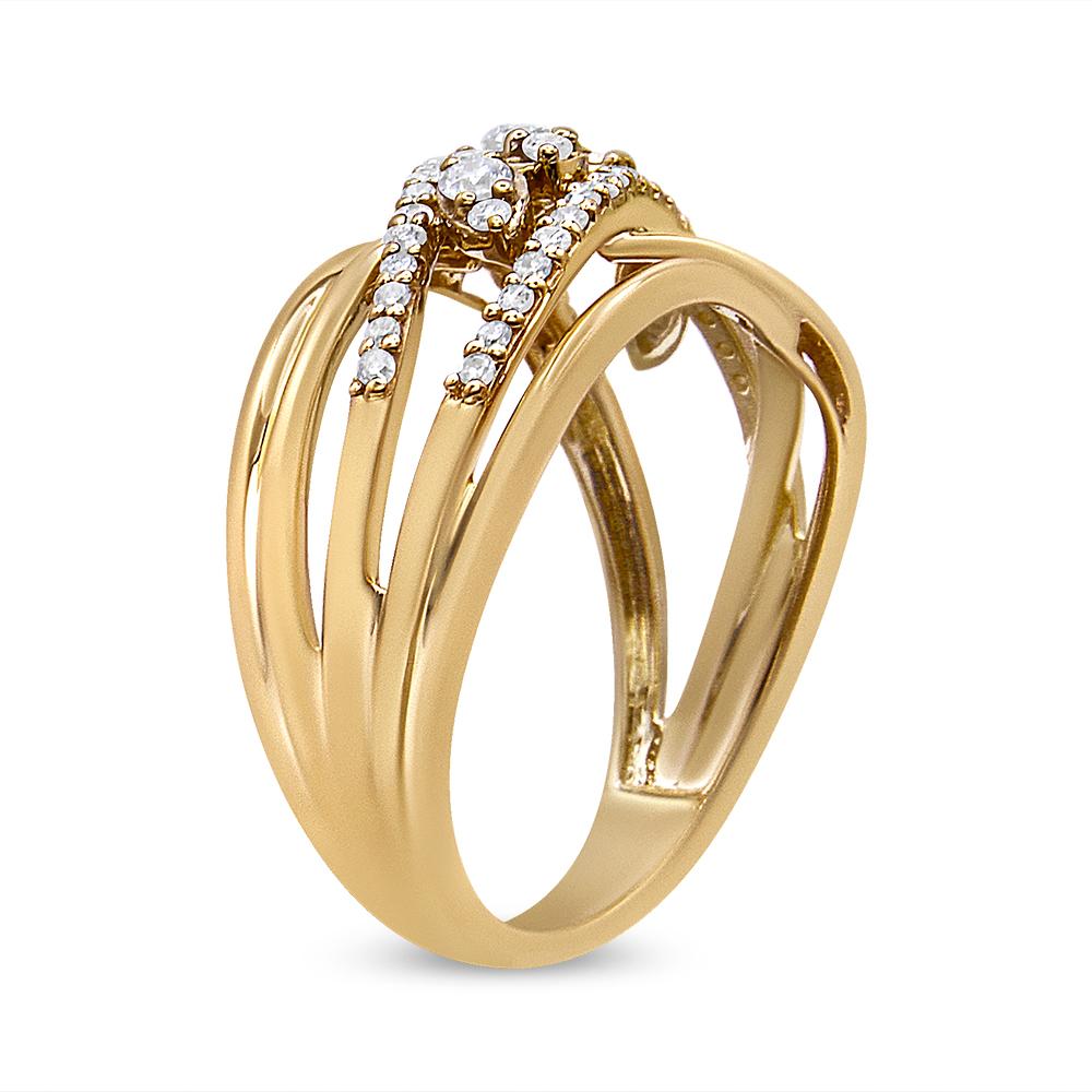 Contemporary 10K Yellow Gold 1/2 Carat Round-Cut Multi Row Diamond Split Shank Cocktail Ring For Sale