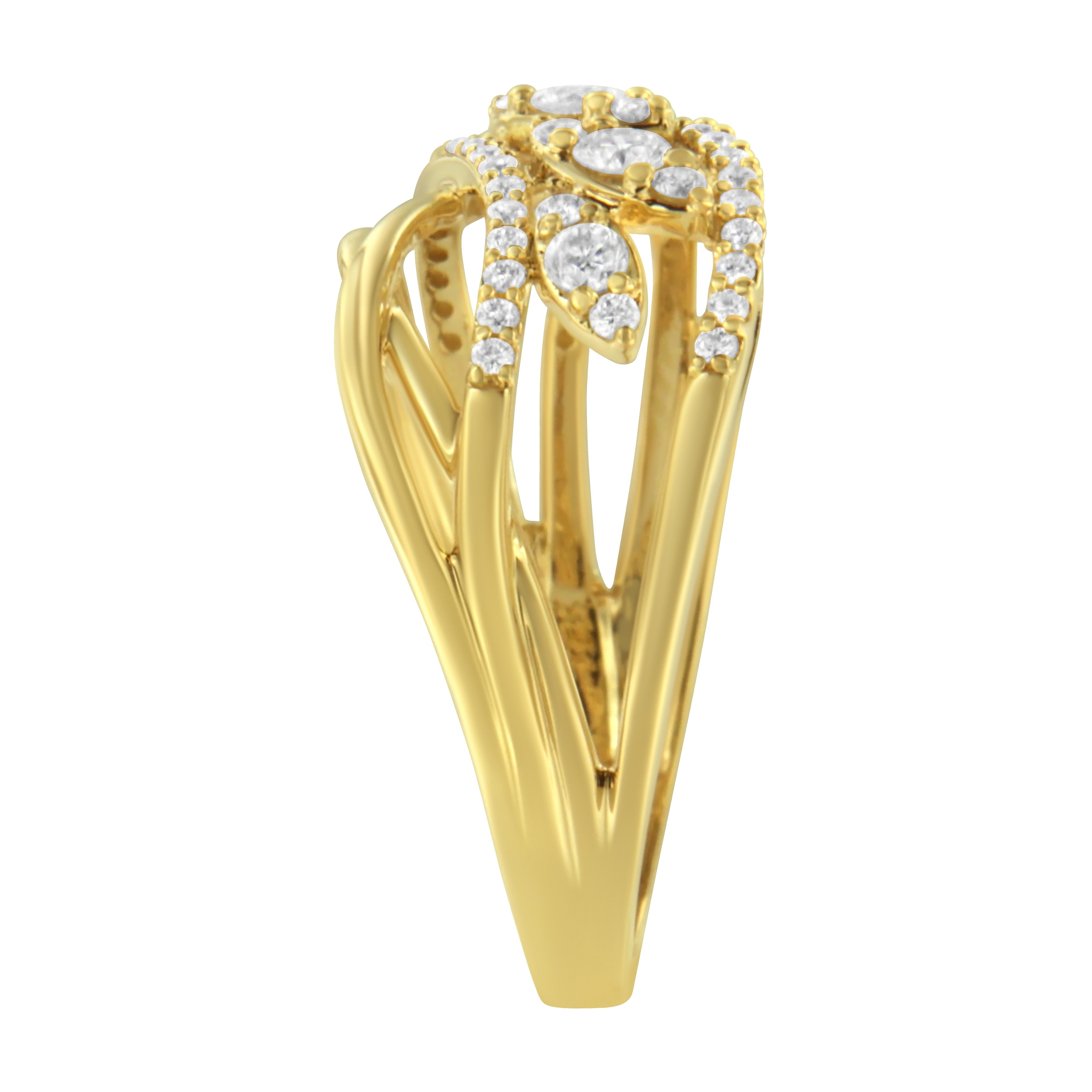 10K Yellow Gold 1/2 Carat Round-Cut Multi Row Diamond Split Shank Cocktail Ring In New Condition For Sale In New York, NY