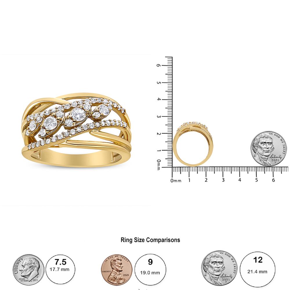 10K Gelbgold 1/2 Karat Rundschliff Mehrreihiger Diamant-Cocktailring mit geteiltem Schaft im Angebot 2