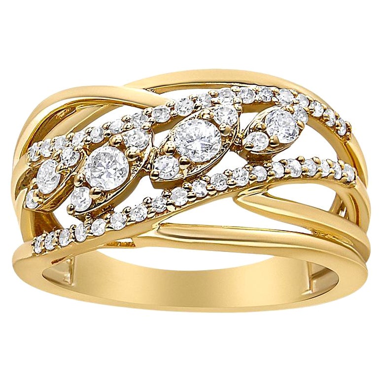 Bague cocktail à tige fendue à plusieurs rangées de diamants taille ronde en or jaune 10 carats de 1/2 carat
