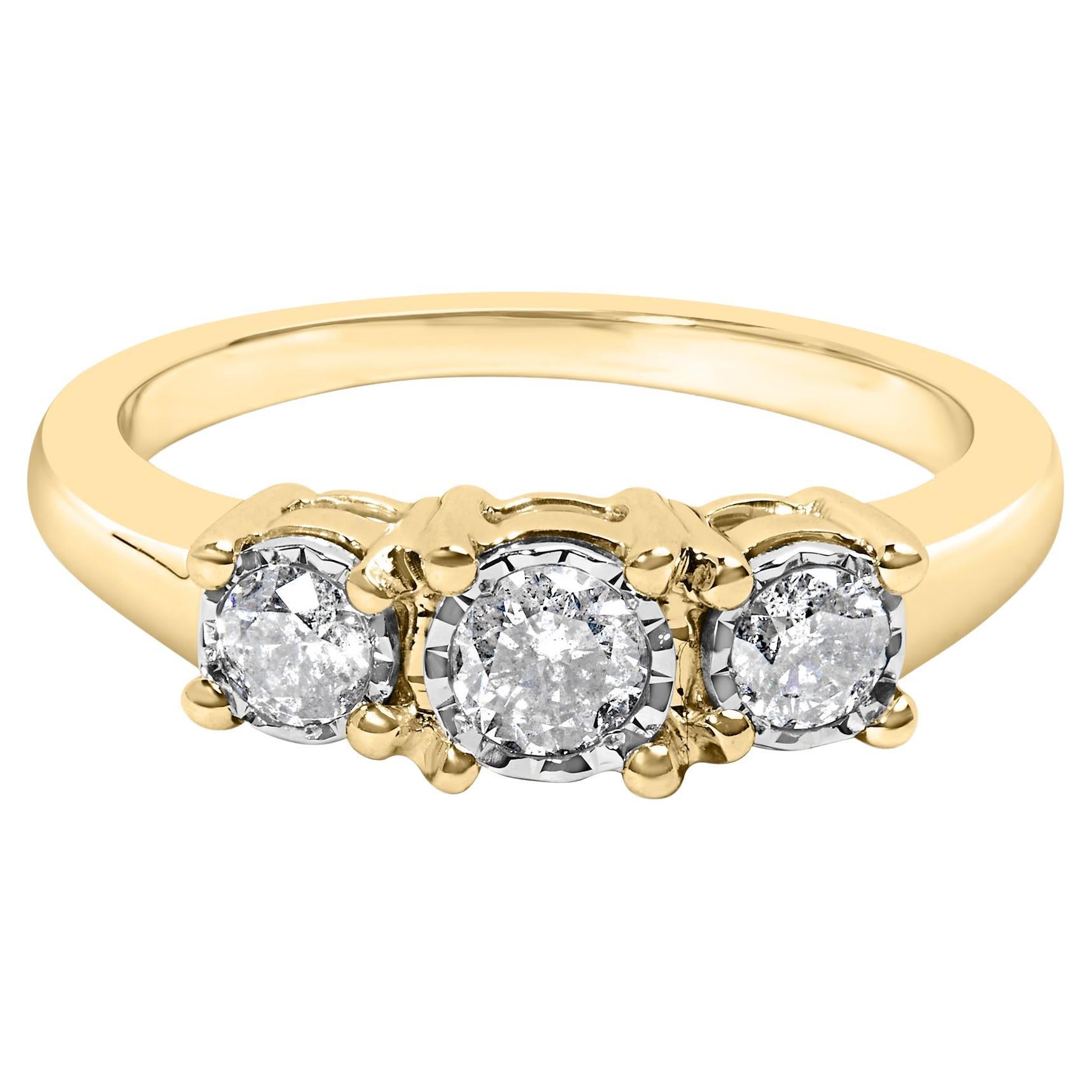 10K Yellow Gold 1/2 Carat Round Diamond Three Stone Illusion Plate Ring