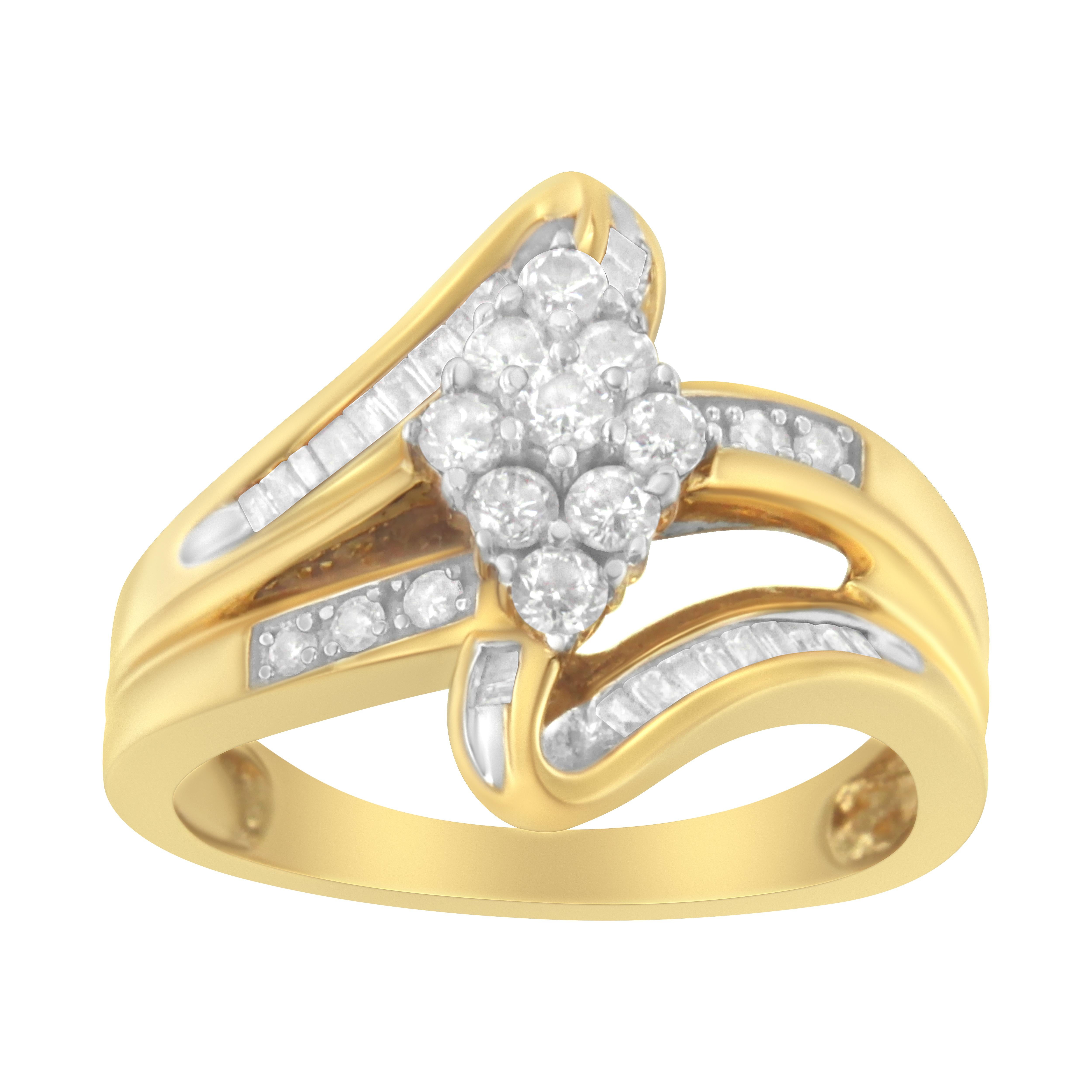 Bold and unique, this 10k yellow gold cluster ring will be your go-to statement piece. The band creates a ribbon-like illusion in four directions that come together at the center to showcase 9 round-cut diamonds prong-set in a rhombus-like design.