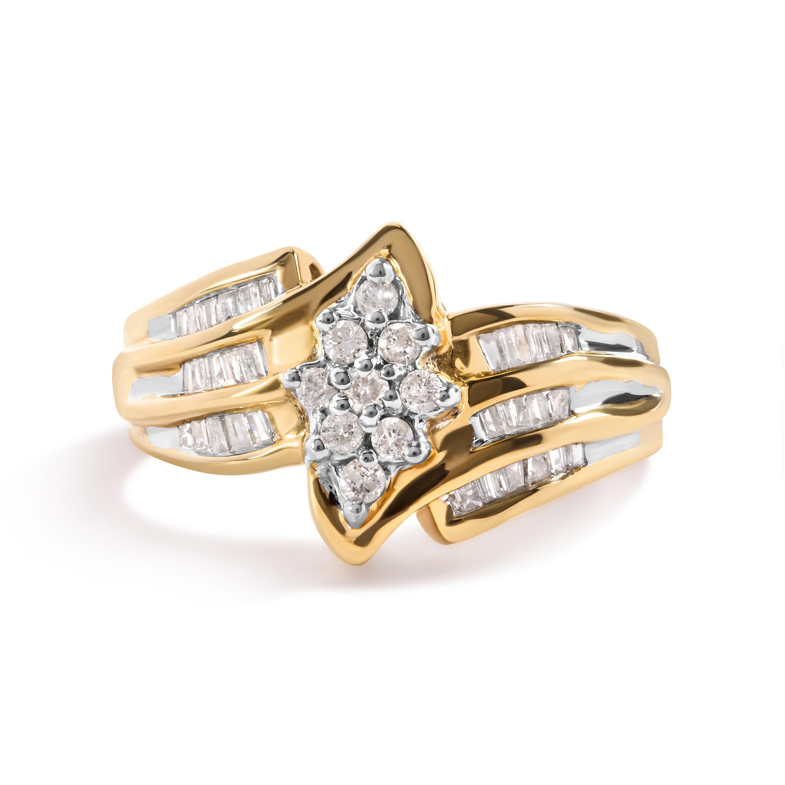 Entrez dans un monde de beauté intemporelle avec notre bague de mode en or jaune 10K.  Réalisée avec une attention méticuleuse aux détails, cette pièce exquise est destinée à devenir un trésor chéri de votre collection. Sertie dans un or jaune 10K
