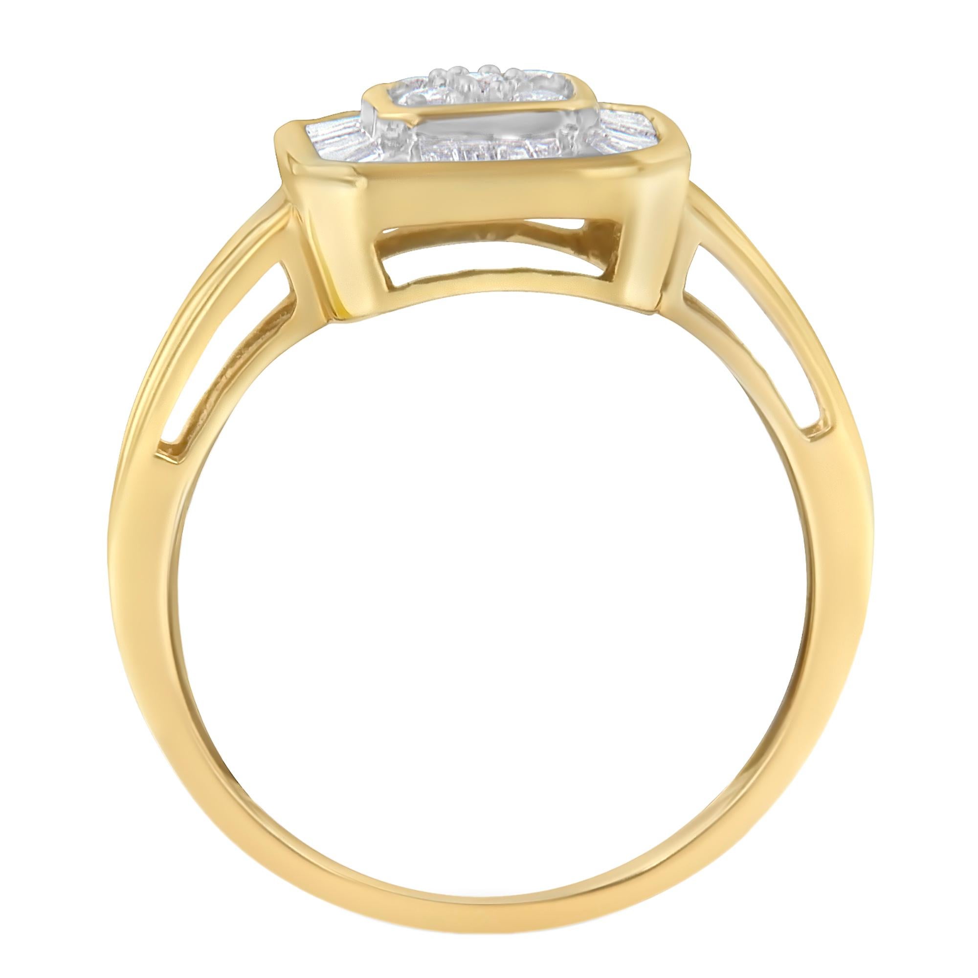 A diamond cocktail ring that has a central squared cluster of round brilliant cut diamonds surrounded by a halo of baguette diamonds. The wide tapering band is crafted in warm 10 karat yellow gold. The ring has a total diamond weight of 1/2