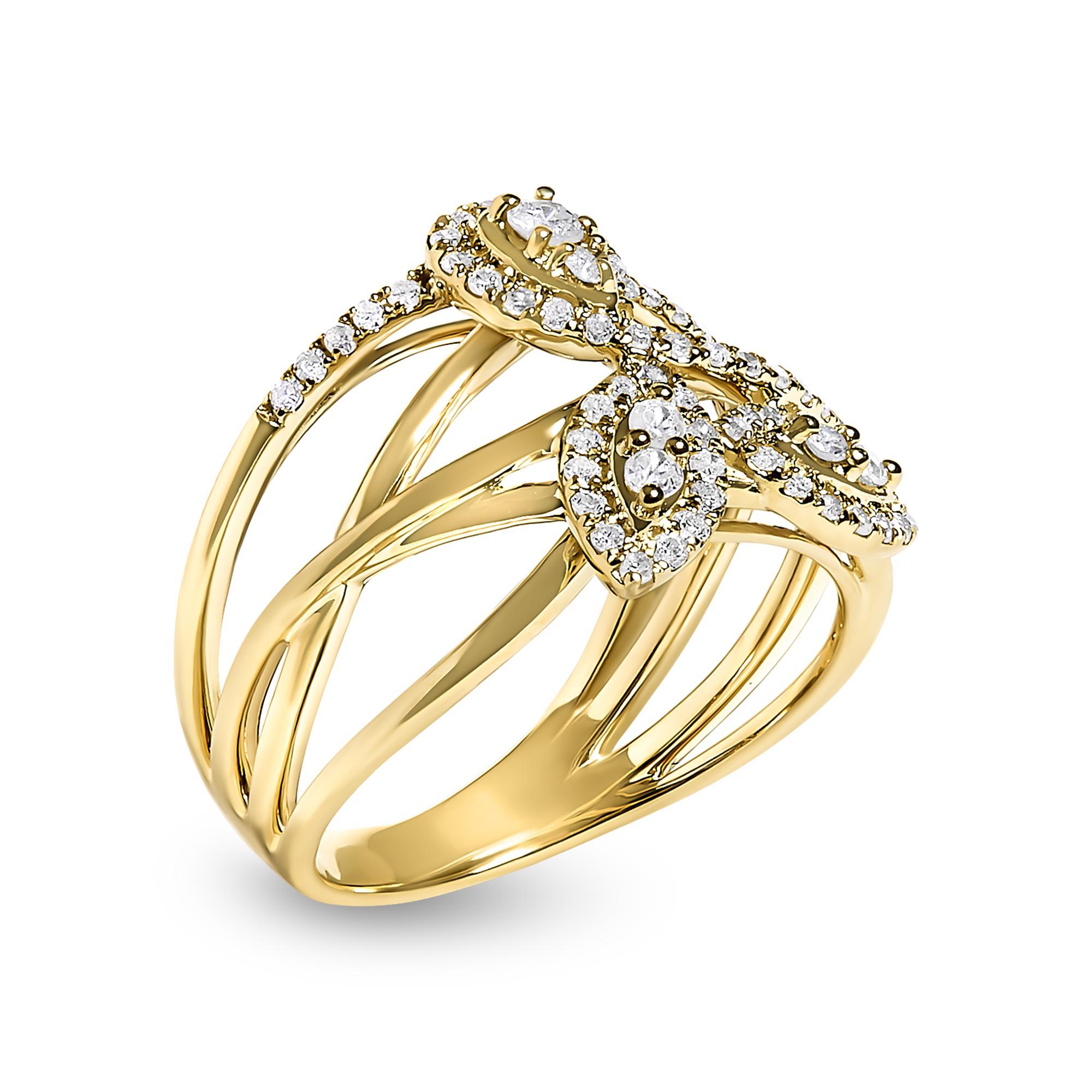 10K Gelbgold 1/2 Cttw Diamant Crossover 3 Blatt Floral Cocktail Ring Band (Moderne) im Angebot