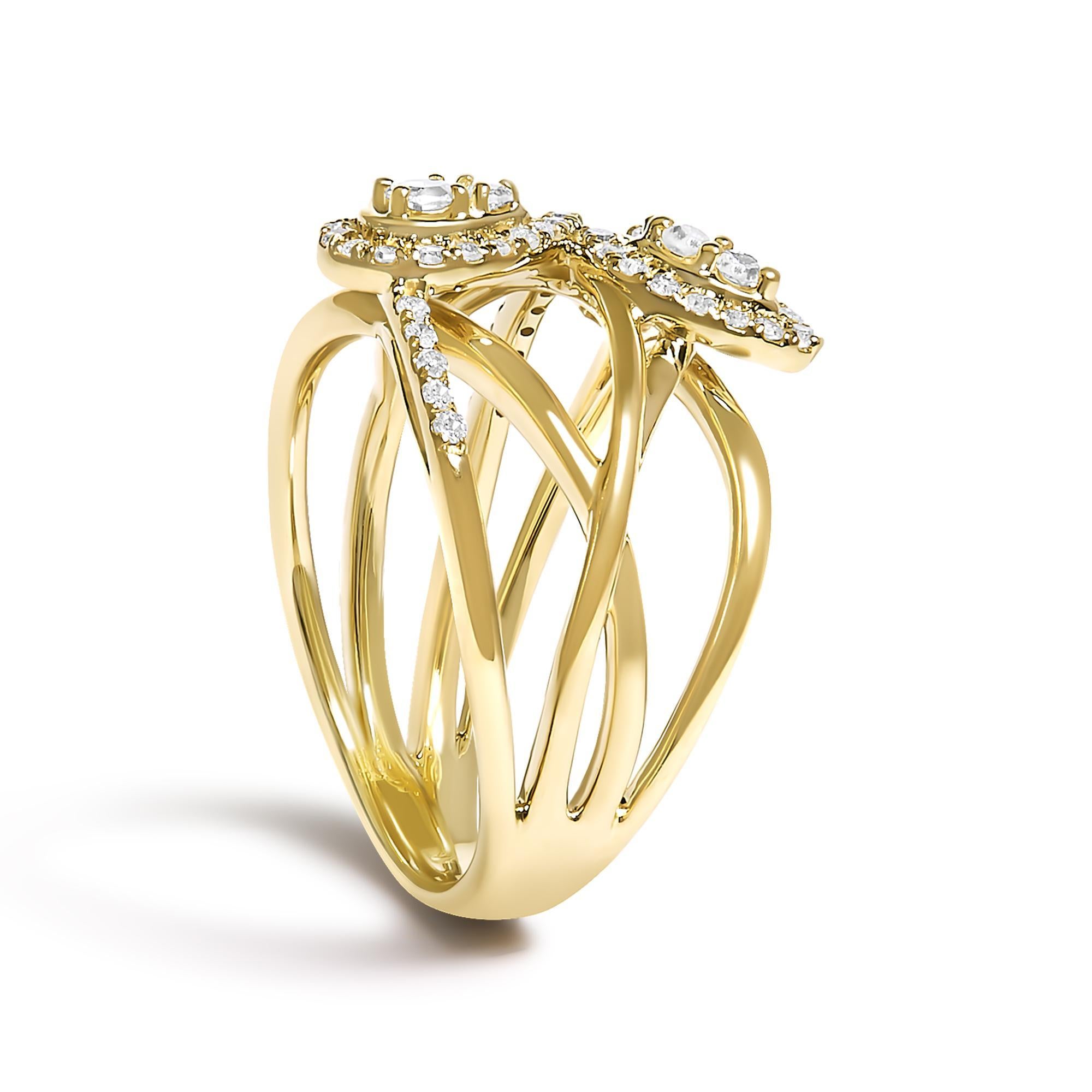 10K Gelbgold 1/2 Cttw Diamant Crossover 3 Blatt Floral Cocktail Ring Band (Rundschliff) im Angebot