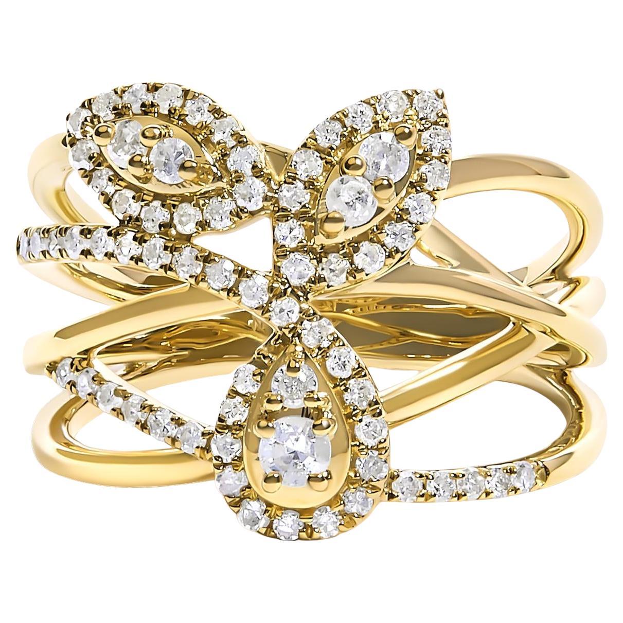 10K Gelbgold 1/2 Cttw Diamant Crossover 3 Blatt Floral Cocktail Ring Band