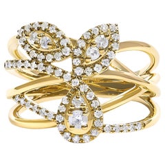 10K Yellow Gold 1/2 Cttw Diamond Crossover 3 Leaf Floral Cocktail Ring Band