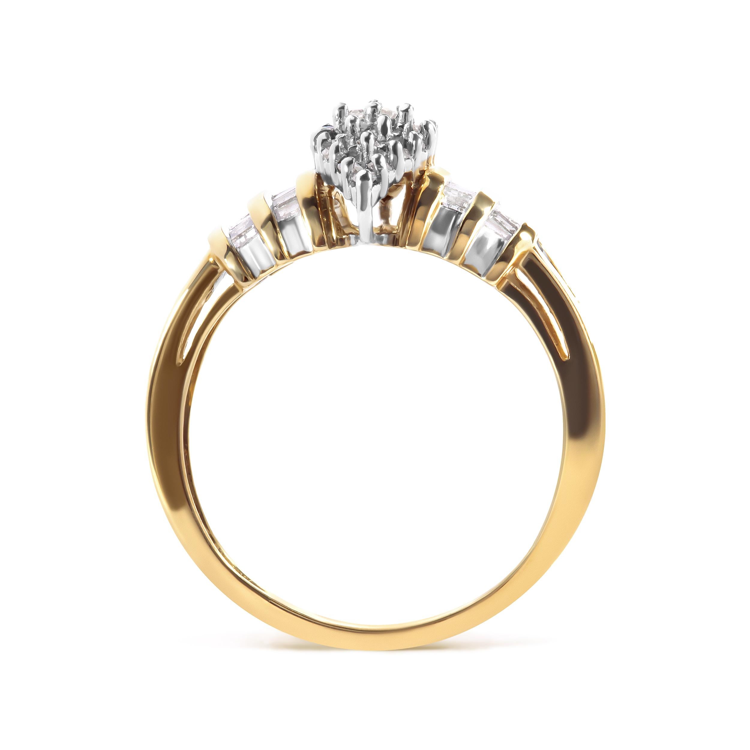 Lasciati conquistare dall'accattivante eleganza di questo squisito anello in oro giallo 10K, impreziosito da un'abbagliante collezione di diamanti. Realizzato meticolosamente per incantare e ispirare, questo anello di moda mostra un'affascinante