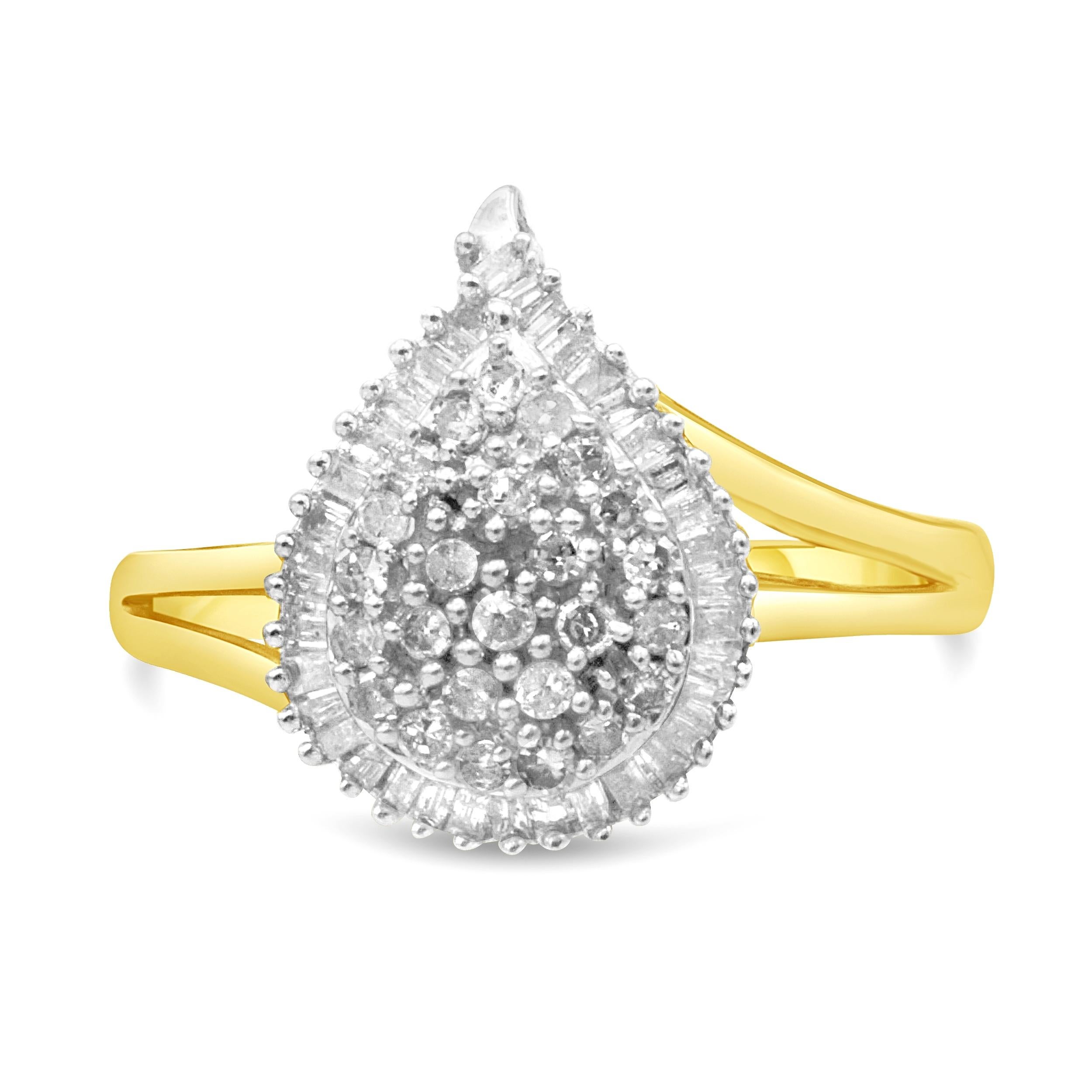 Elegantly designed, this pear-shaped ring has a central cluster of beautiful, sparkling natural diamonds. This piece has an impressive total diamond weight of 1/2 c.t. and is embellished with natural round and baguette-cut diamonds. The band is has