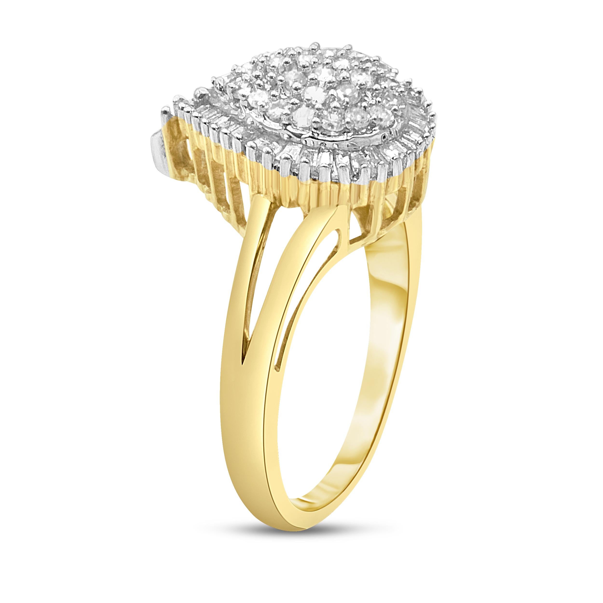 Modern 10K Yellow Gold 1/2 Cttw Round and Baguette-Cut Diamond Pear Ring- Size 7 For Sale