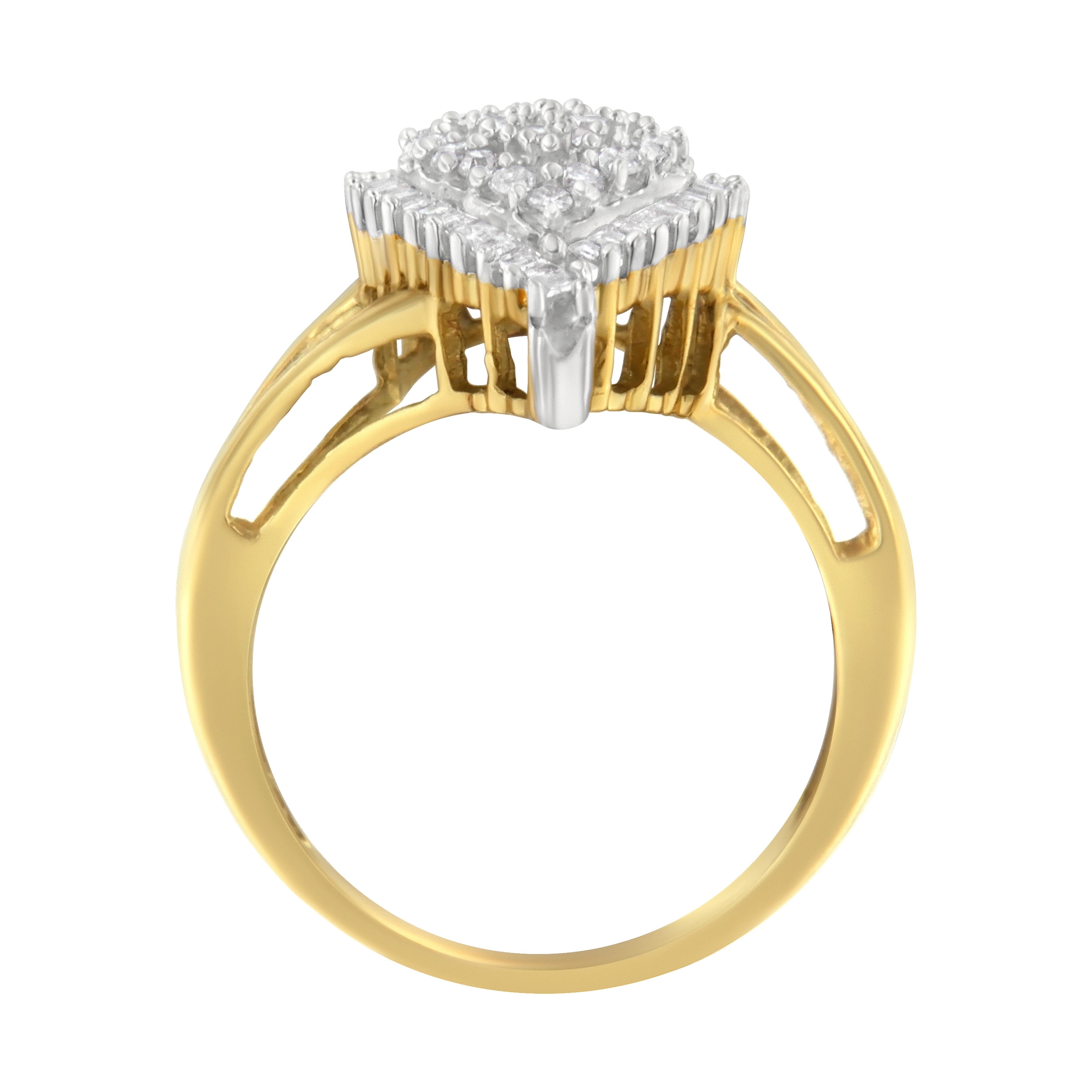 Round Cut 10K Yellow Gold 1/2 Cttw Round and Baguette-Cut Diamond Pear Ring- Size 7 For Sale