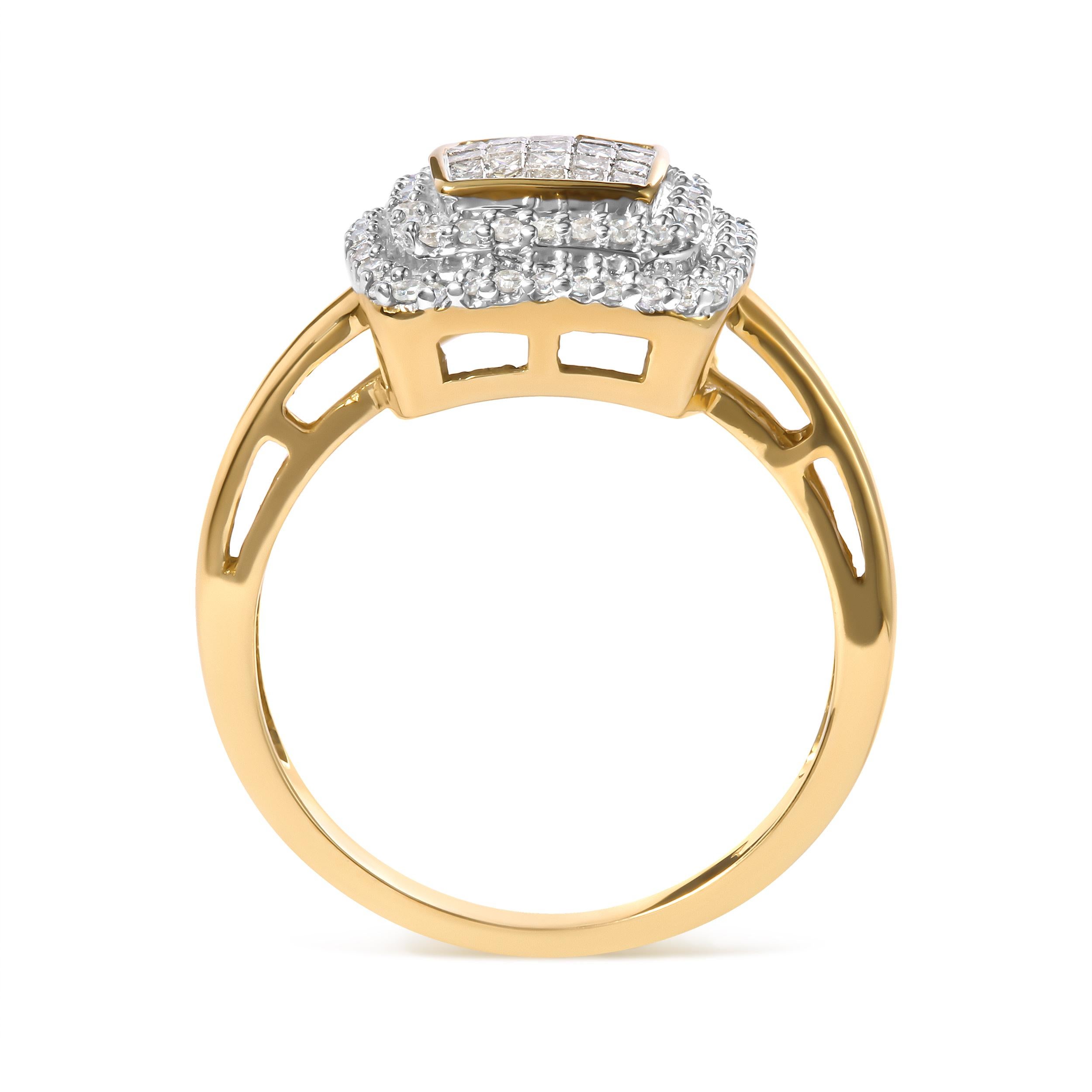 Crafted with meticulous attention to detail, this exquisite piece is a testament to the allure of natural diamonds. Within the lustrous embrace of 10K yellow gold, 98 diamonds gracefully come together to create a mesmerizing composite head and halo