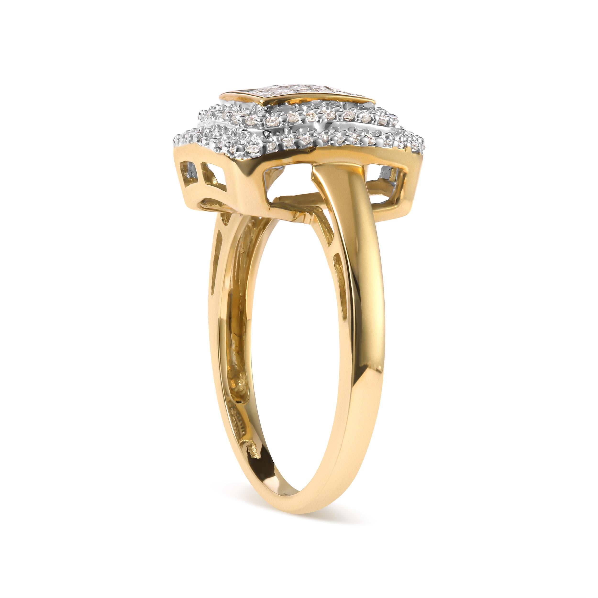 Modern 10K Yellow Gold 1/2 Cttw Round and Princess Diamond Composite Head and Halo Ring For Sale