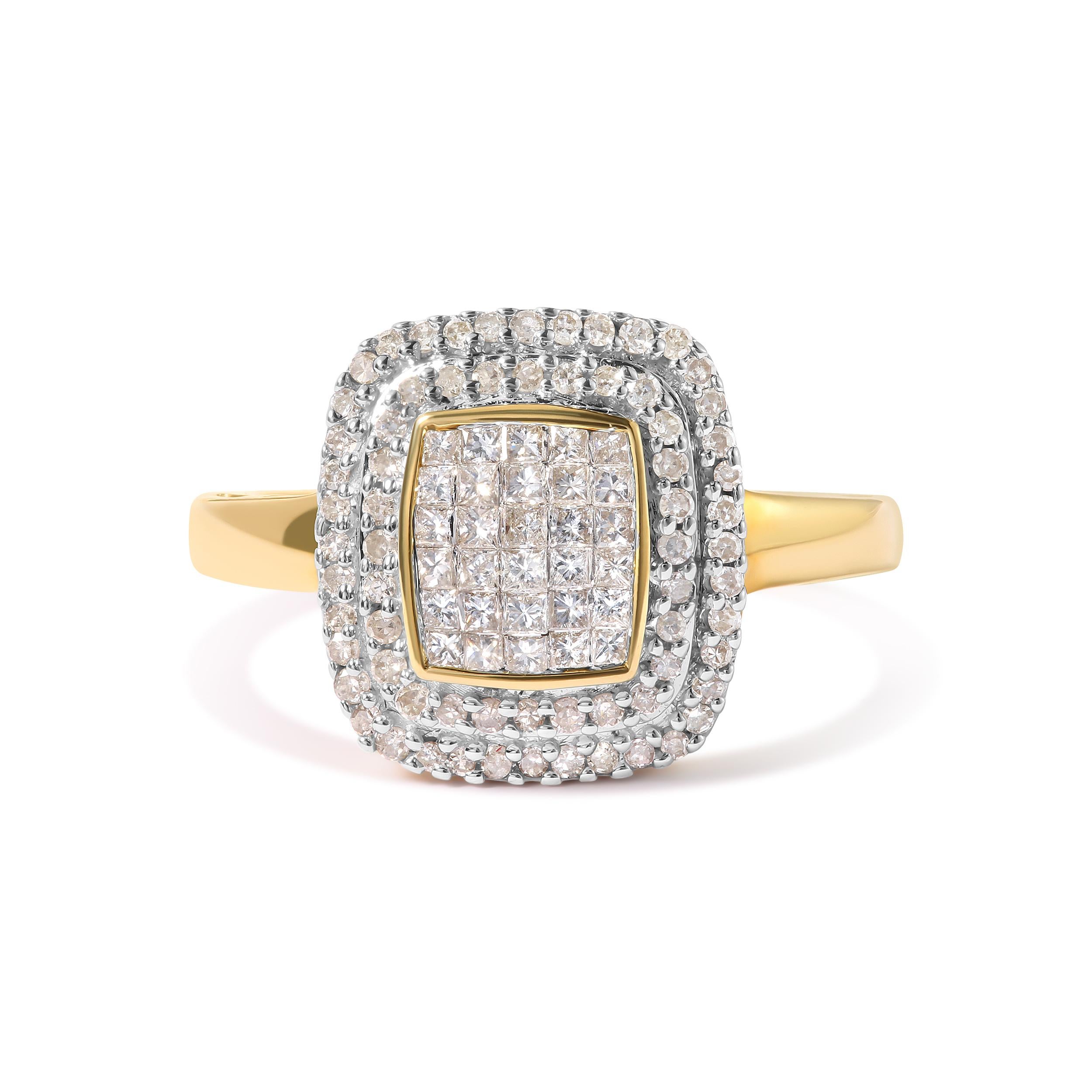 Round Cut 10K Yellow Gold 1/2 Cttw Round and Princess Diamond Composite Head and Halo Ring For Sale