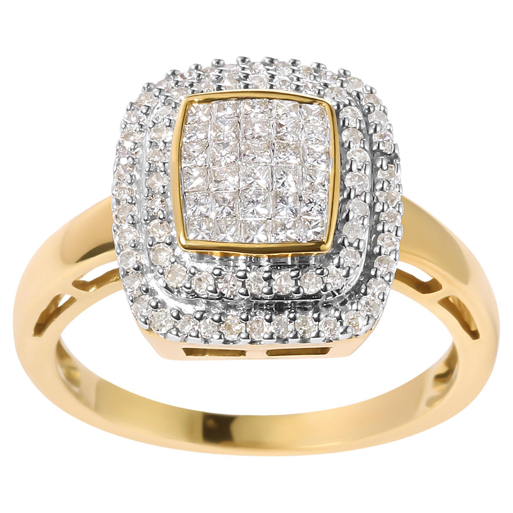 10K Yellow Gold 1/2 Cttw Round and Princess Diamond Composite Head and Halo Ring For Sale