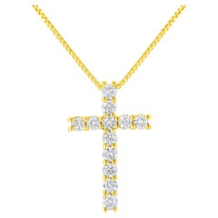 10K Yellow Gold 1/2 Cttw Round Brilliant Cut Diamond Cross Pendant Necklace