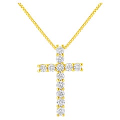 Collier pendentif croix en or jaune 10 carats avec diamants taille brillant rond de 1/2 carat poids total