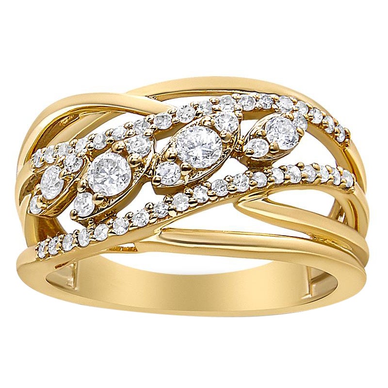 Anillo de cóctel de oro amarillo de 10 quilates con 1/2 qt de diamantes redondos de varias filas y caña partida