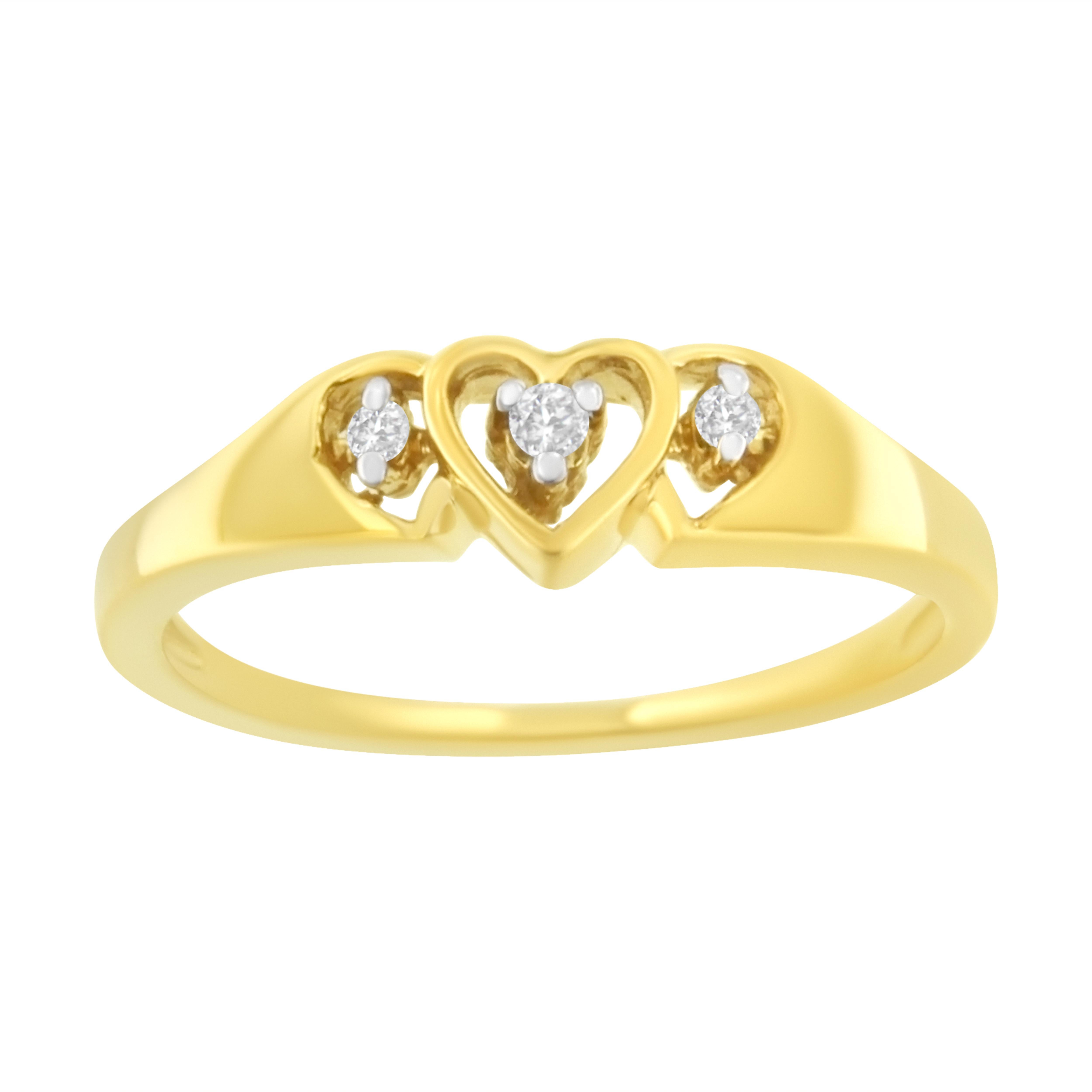 This fascinating Triple Heart Diamond Ring will speak volumes about your love. This shimmering ring sparkles with the fire of 3 splendid round cut diamonds, centrally staged in each heart. All the diamonds are perfectly prong set on luminous 10