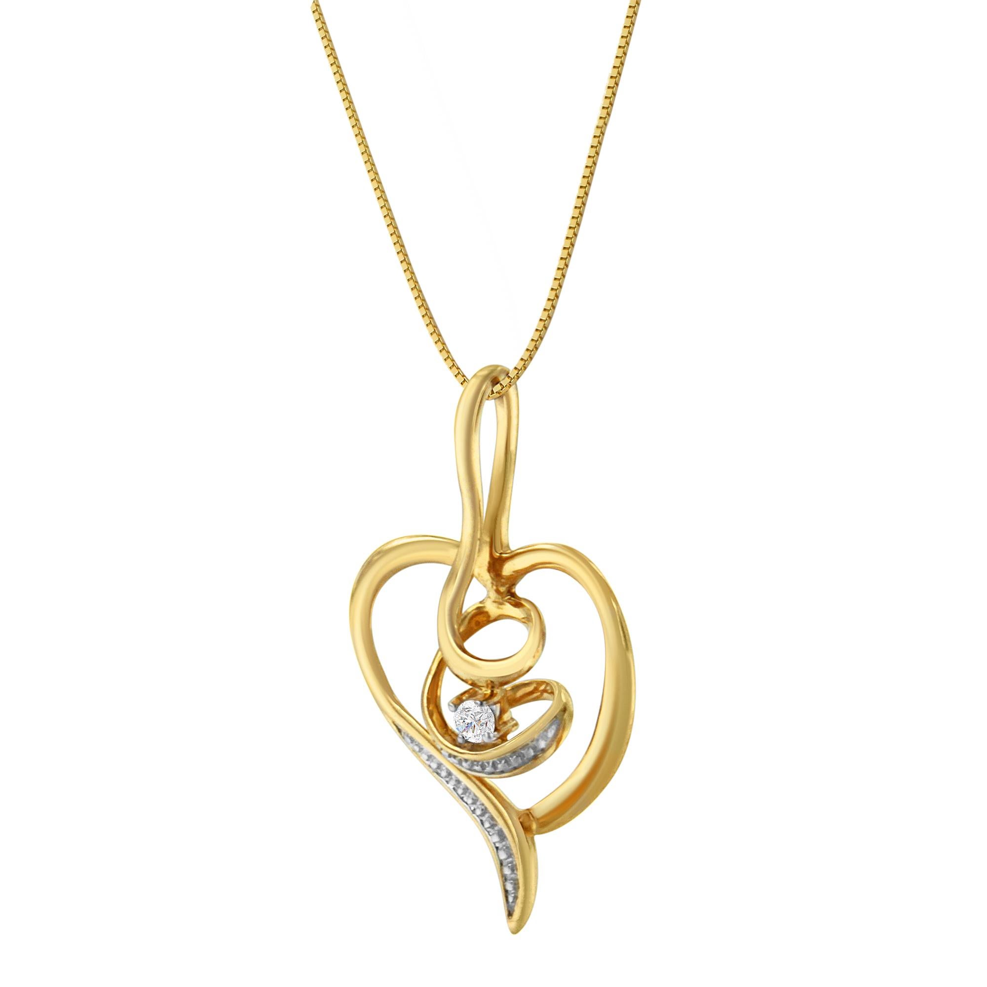 Contemporain Collier pendentif cœur tourbillonnant en or jaune 10 carats et diamants taille ronde de 1/25 carats en vente