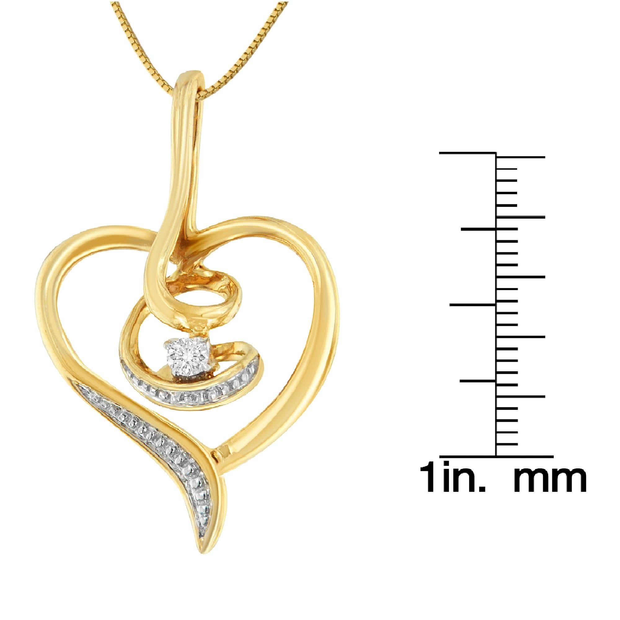 Round Cut 10K Yellow Gold 1/25 Carat Round-Cut Diamond Swirl Heart Pendant Necklace For Sale