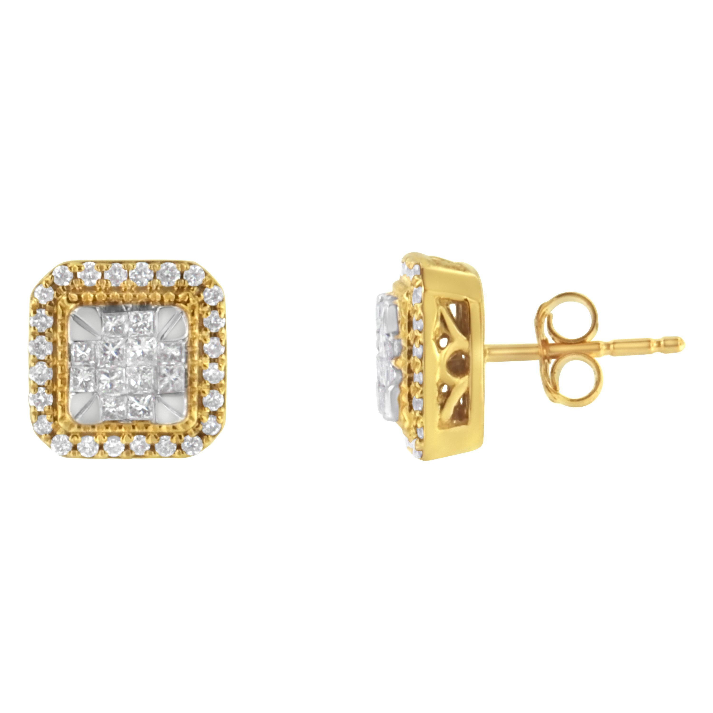 Un paio di orecchini quadrati con diamanti a grappolo che brillano grazie a un grappolo centrale di diamanti taglio princess circondato da un'aureola di diamanti rotondi. La bordatura a grani aggiunge un tocco vintage a questo design unico