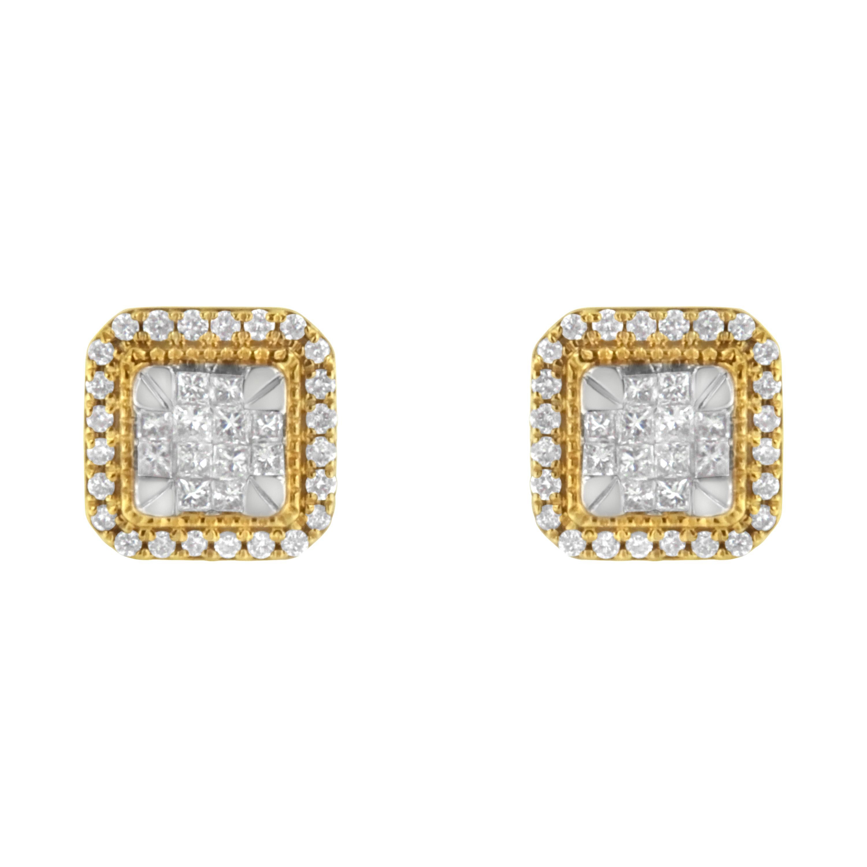 Moderno Orecchini con diamanti compositi e aureola in oro giallo 10K in vendita