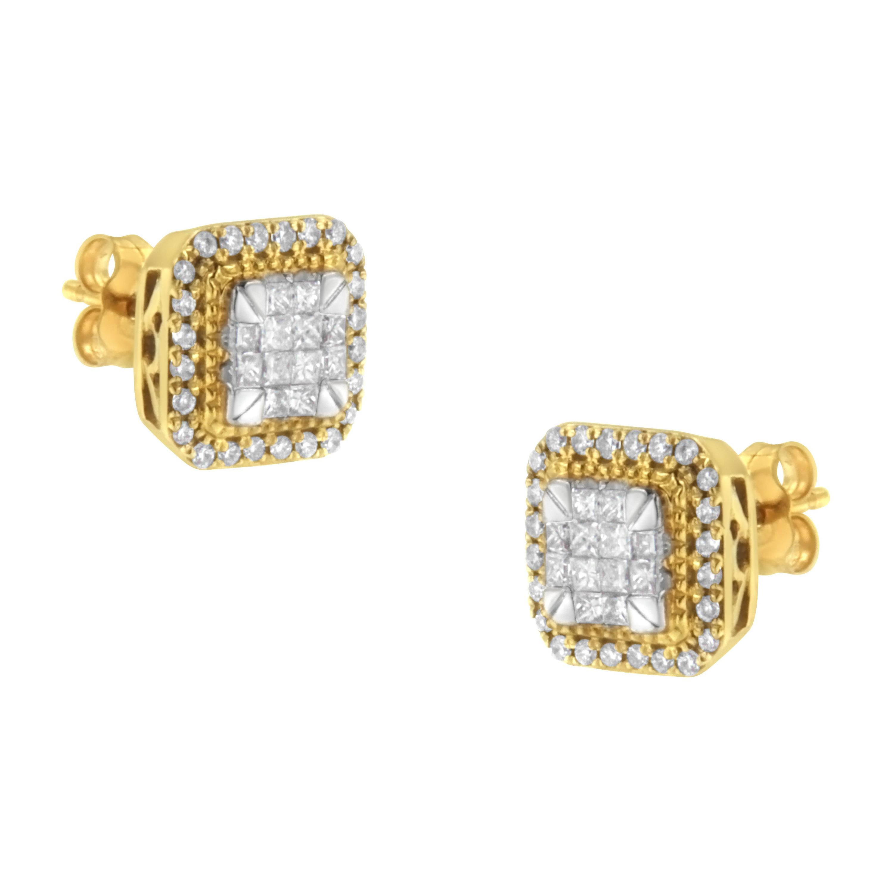 10K Yellow Gold Halo and Composite Diamond Stud Earrings