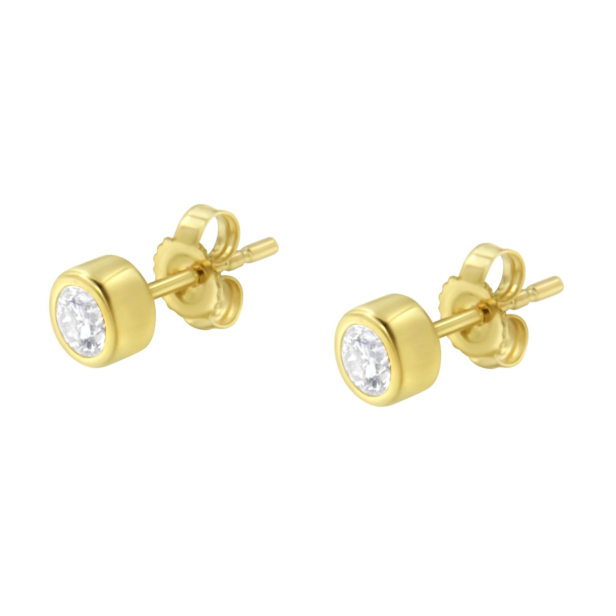Contemporary 10K Yellow Gold 1/3 Carat Diamond Bezel Stud Earrings For Sale