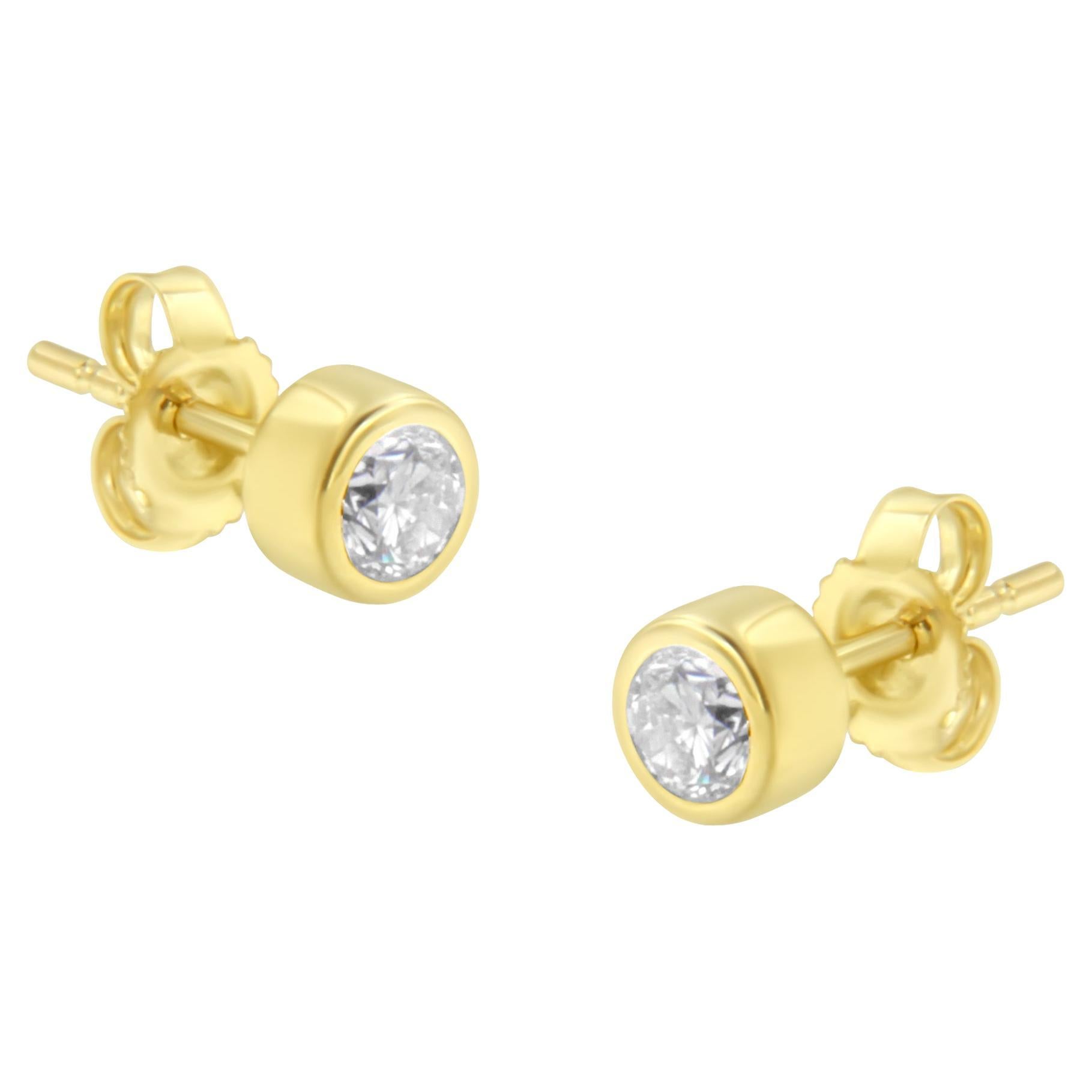 10K Yellow Gold 1/3 Carat Diamond Bezel Stud Earrings For Sale