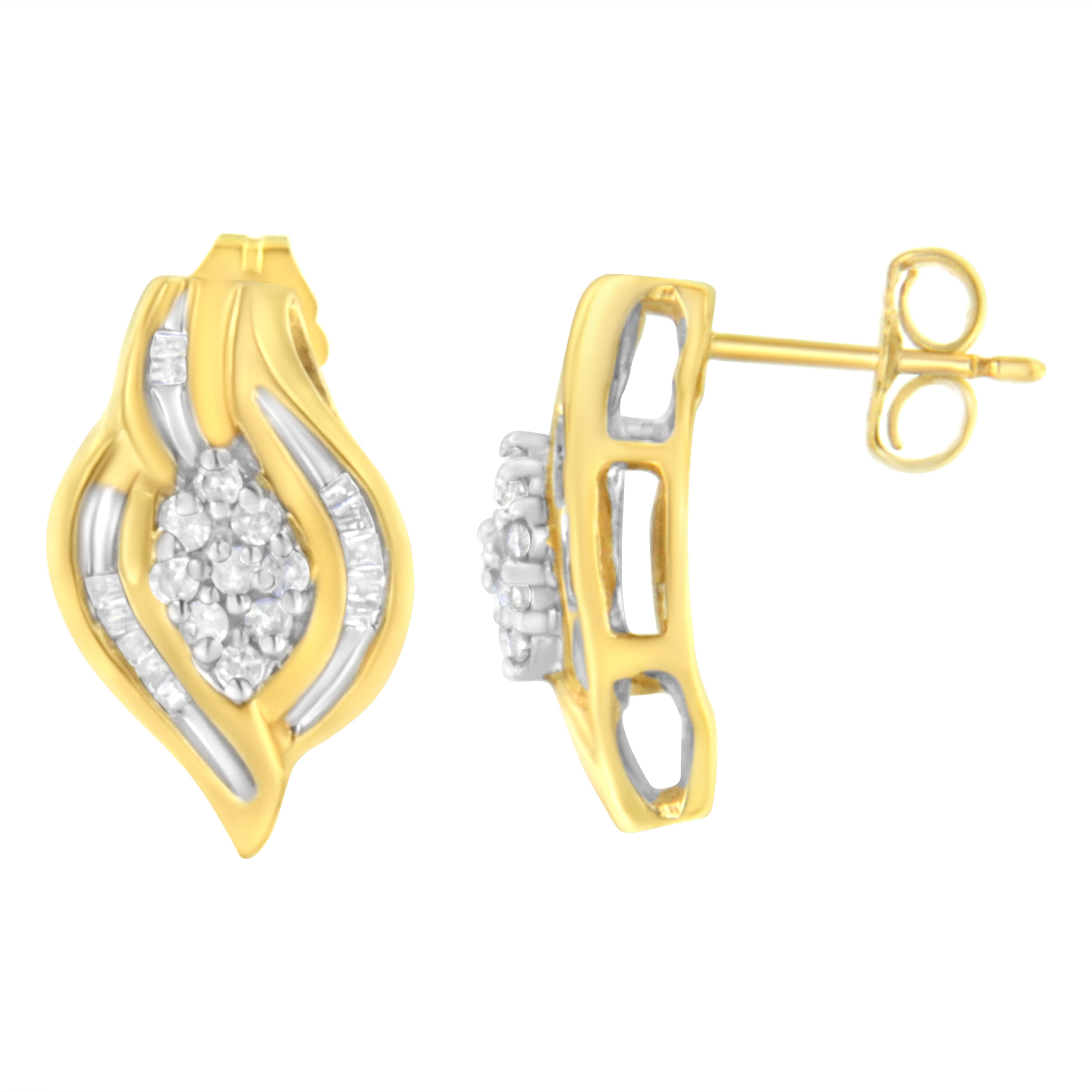 Shimmering round cut diamonds come together to create a geometrical shaped center cluster. Warm yellow gold ribbons inlaid with baguette diamonds wrap around the central cluster and create a leaf inspired design. Made in 10k yellow gold, these