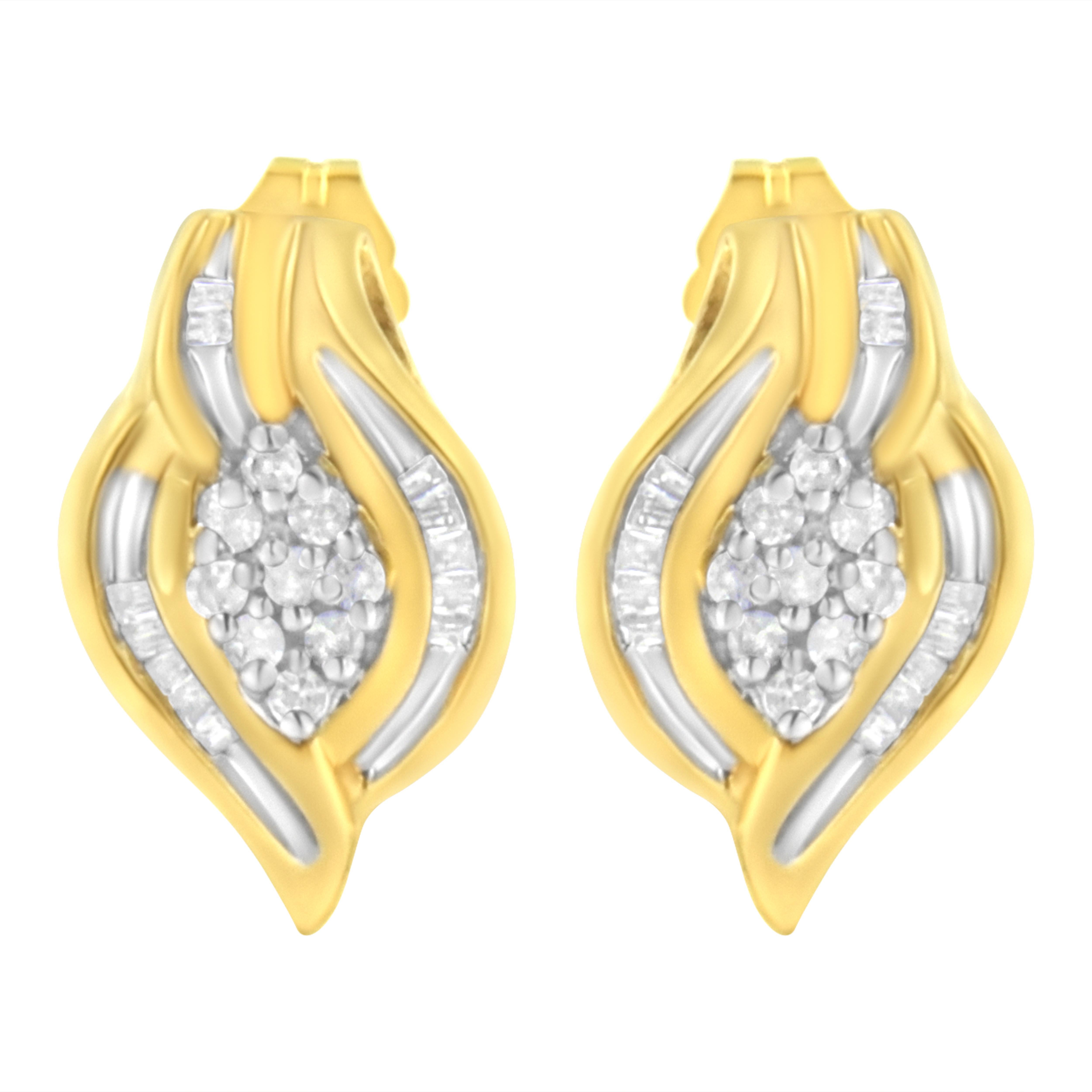 Contemporary 10K Yellow Gold 1/3 Carat Round-Cut Diamond Cluster and Swirl Stud Earrings For Sale
