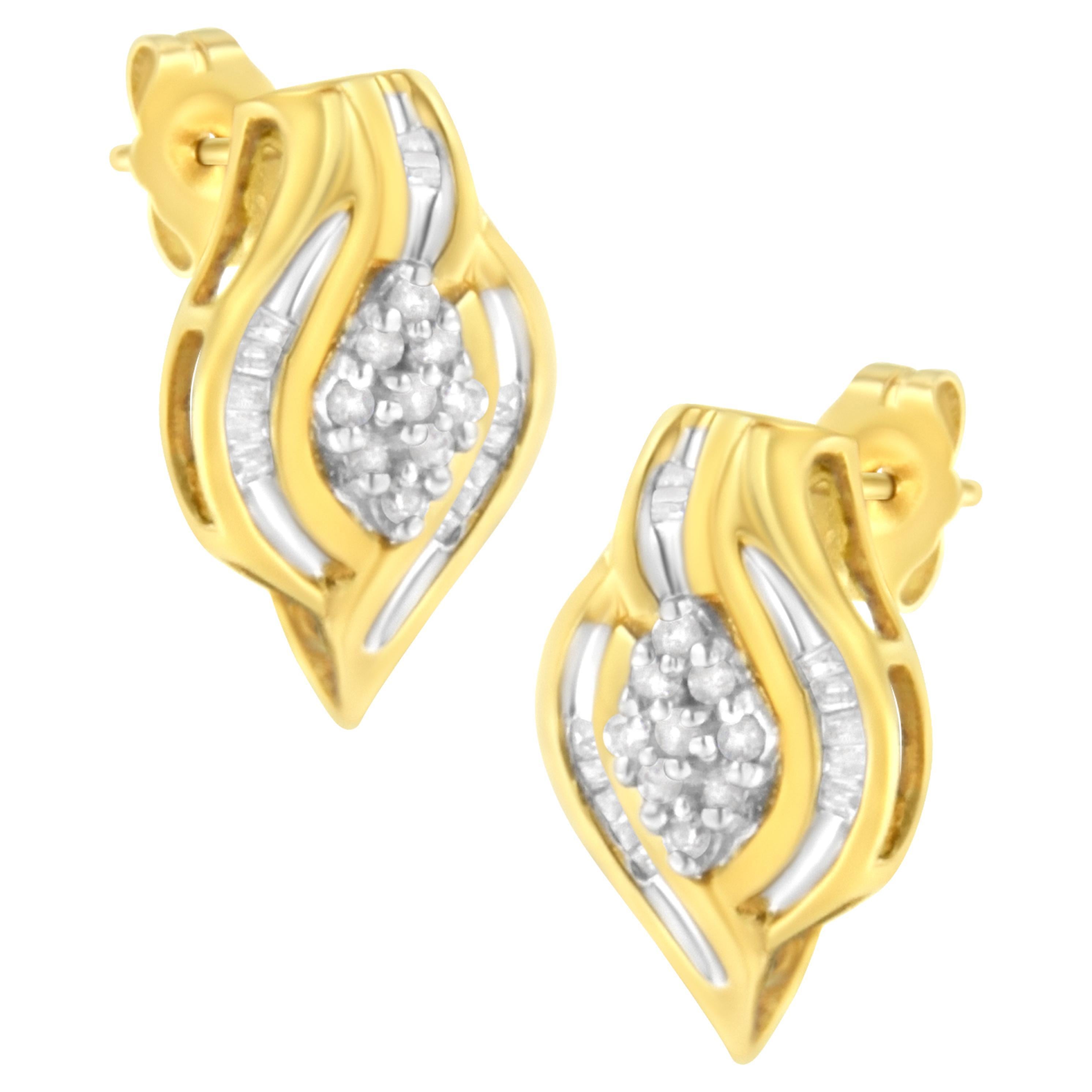 Clous d'oreilles en or jaune 10 carats avec grappe de diamants taille ronde et tourbillon de 1/3 carat