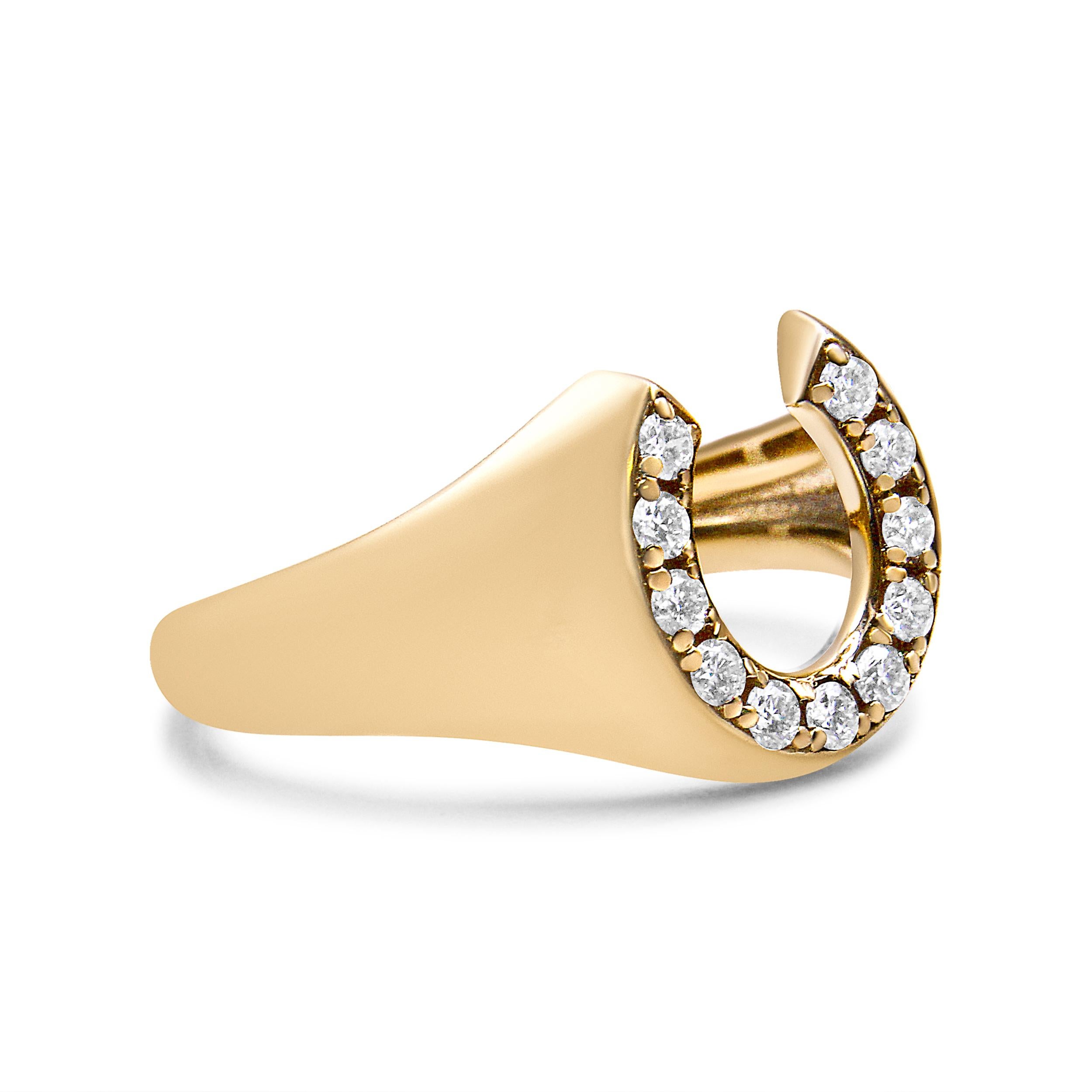 Bold and striking, this 1/3 c.t. diamond men's ring has a horseshoe design as its central motif. The horseshoe is embellished with sparkling and natural round-cut diamonds in a classic 4-prong setting. The band is crafted in genuine 10k yellow gold,
