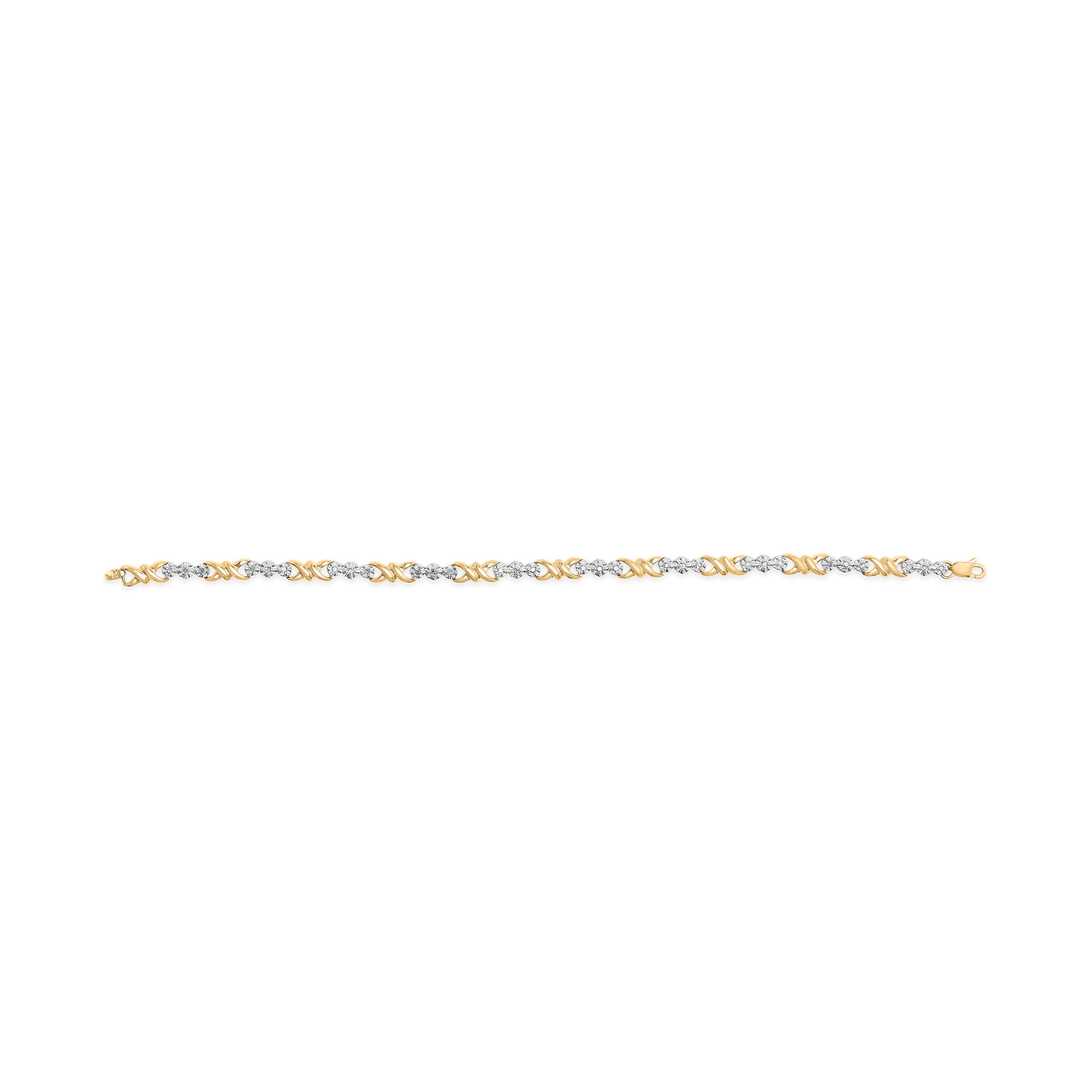 Taille ronde Bracelet en or jaune 10k 1/3 Cttw Diamond 3 Stone and X-Link - 7.50