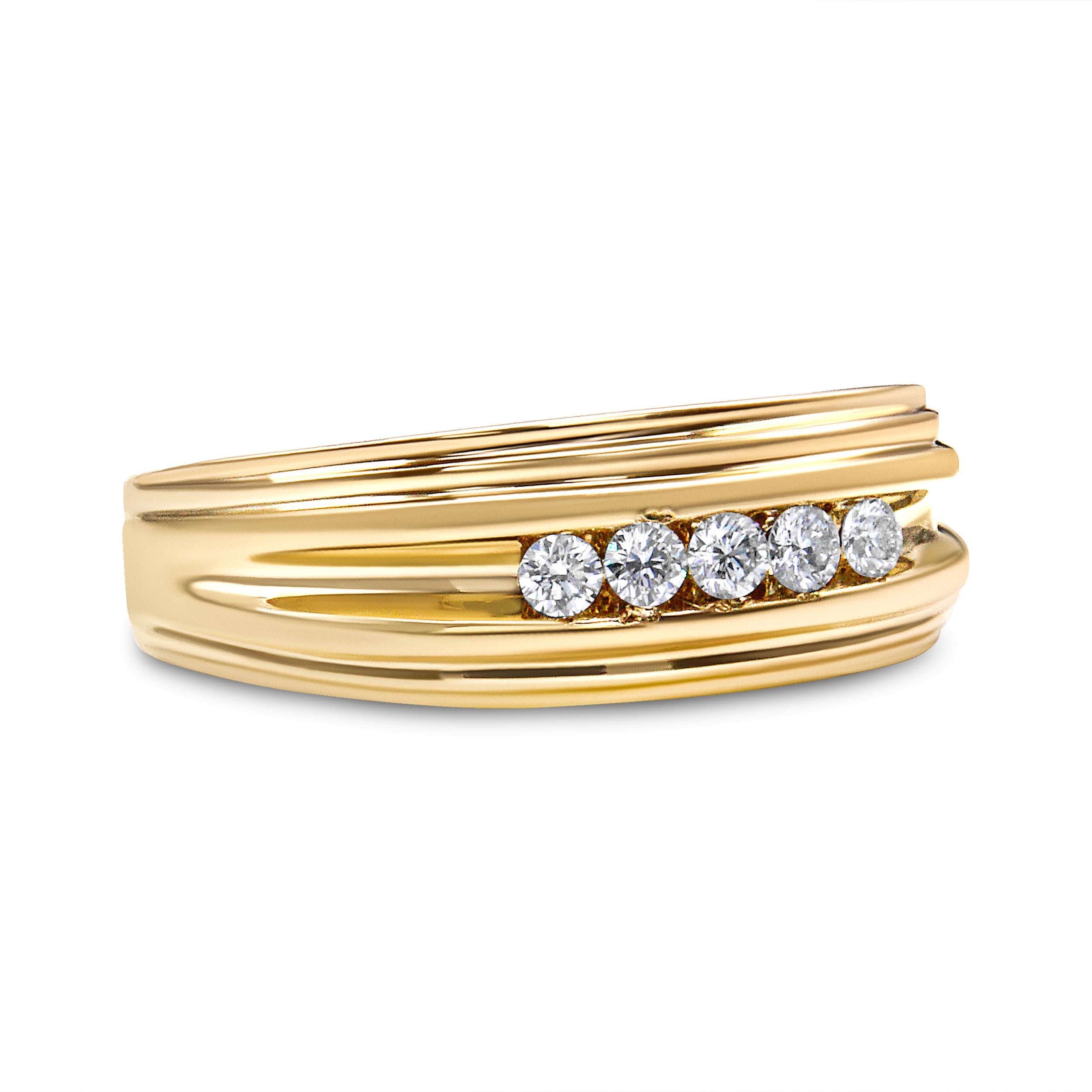 Bold and unique, this 5 stone diamond ring will add a touch of class to your everyday wear! Whether to the office or a formal night out, this band will dress up any look you put on. This piece is crafted in 10k yellow gold, a metal that will stay