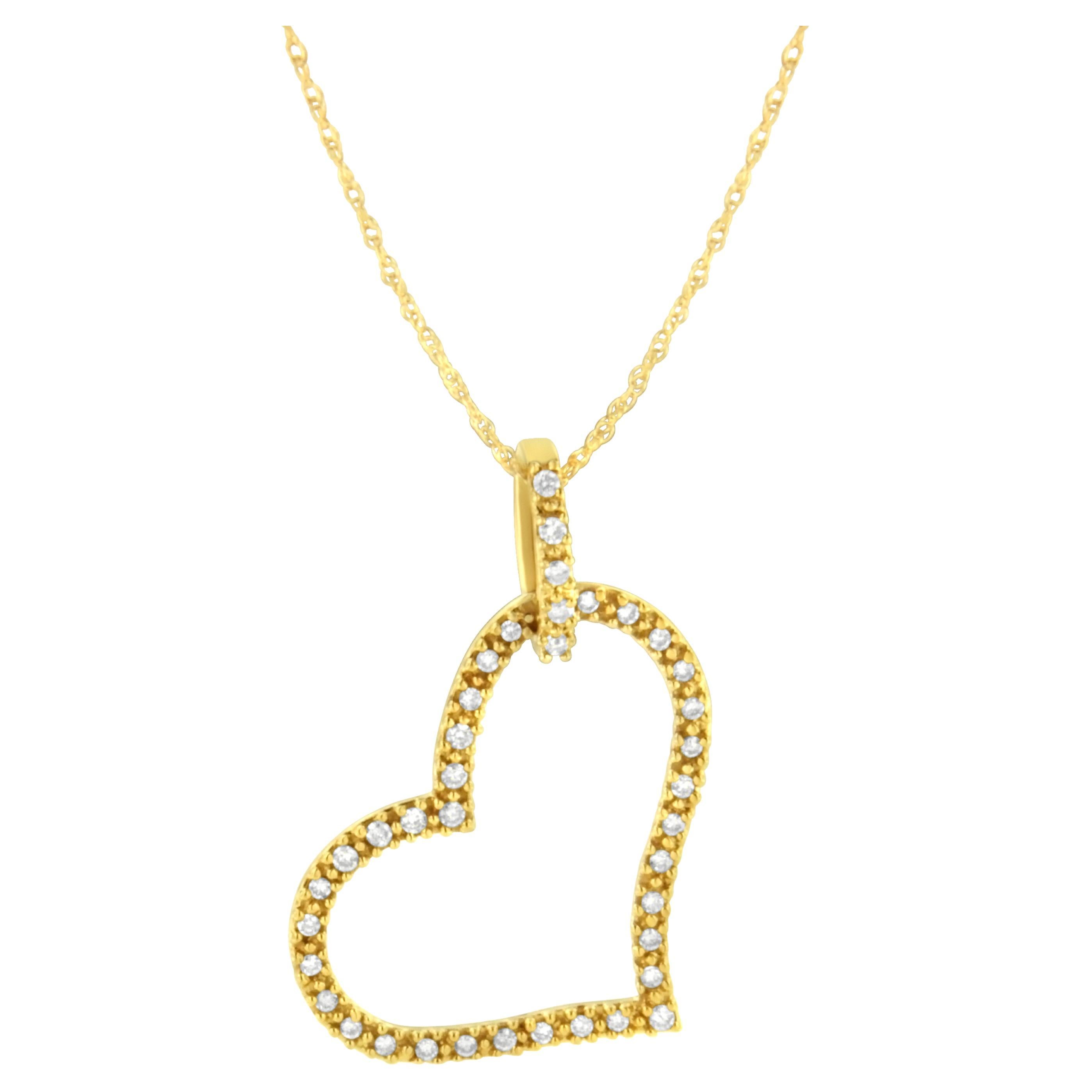 10K Yellow Gold 1/4 Carat Round-Cut Diamond Open Heart Pendant Necklace For Sale