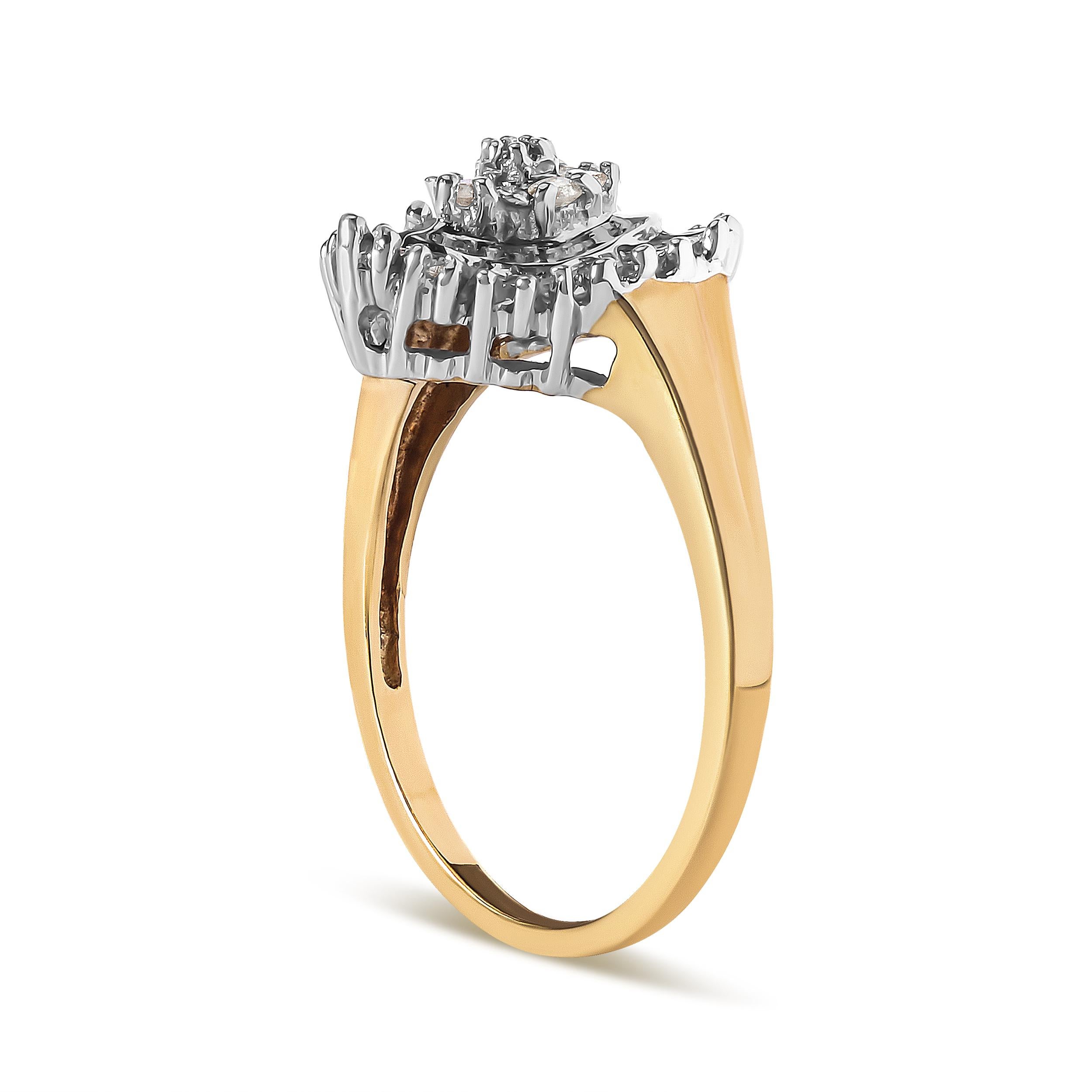 Moderne Bague Ballerina en or jaune 10K avec diamants ronds et baguettes en forme de coeur de 1/4 ct en vente