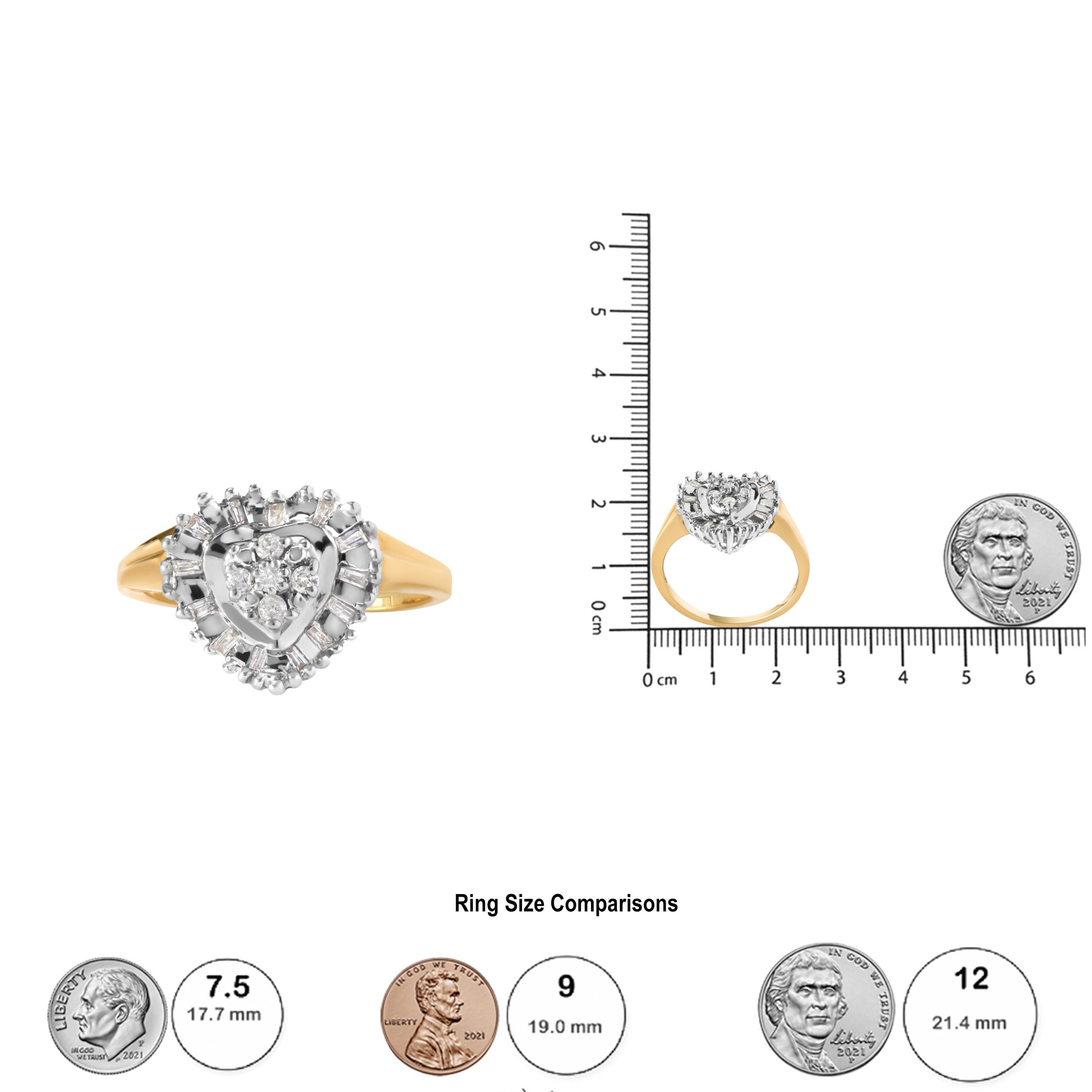 Taille ronde Bague Ballerina en or jaune 10K avec diamants ronds et baguettes en forme de coeur de 1/4 ct en vente