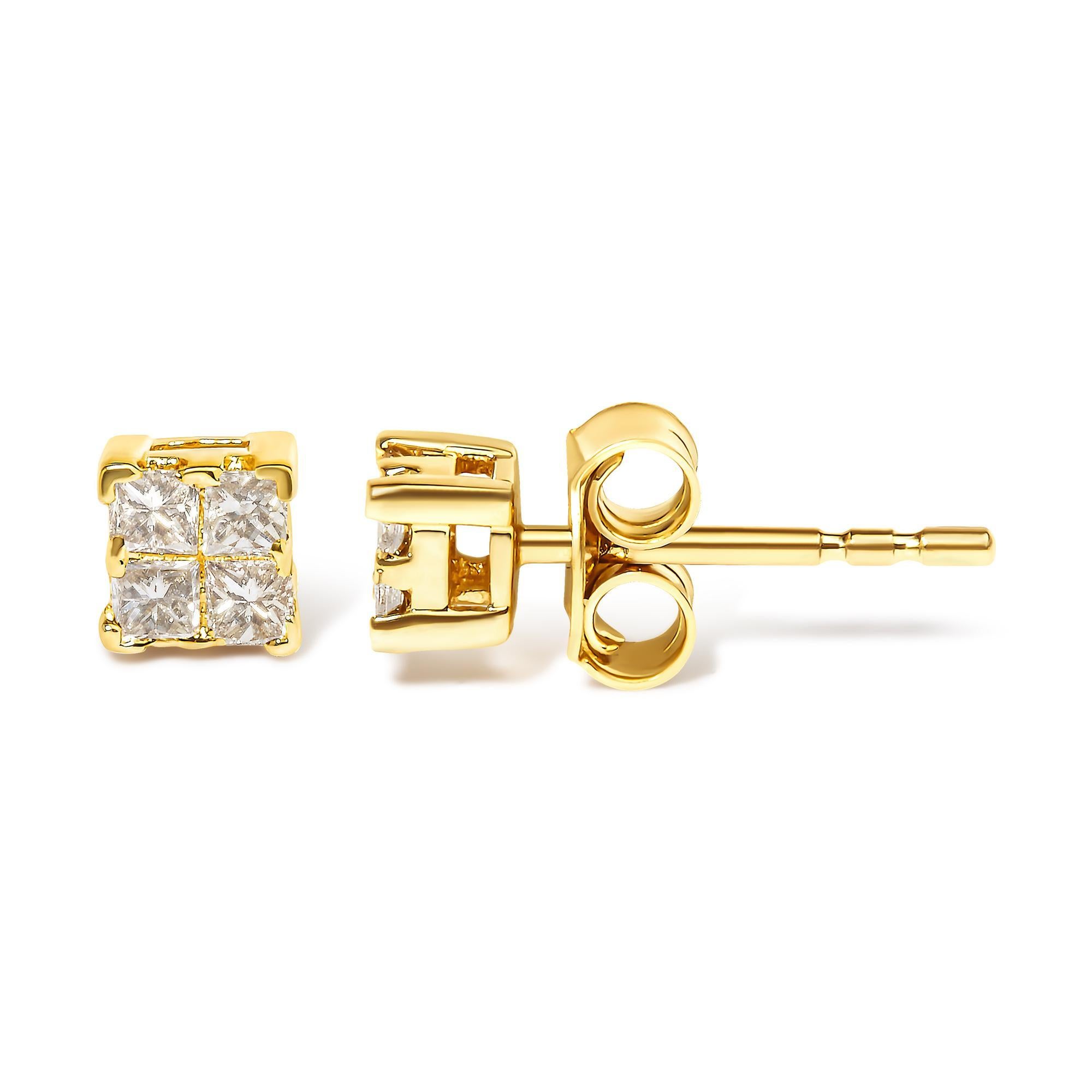 Moderne Boucle d'oreille en or jaune 10K avec diamant taille princesse 1/4 cttw en vente