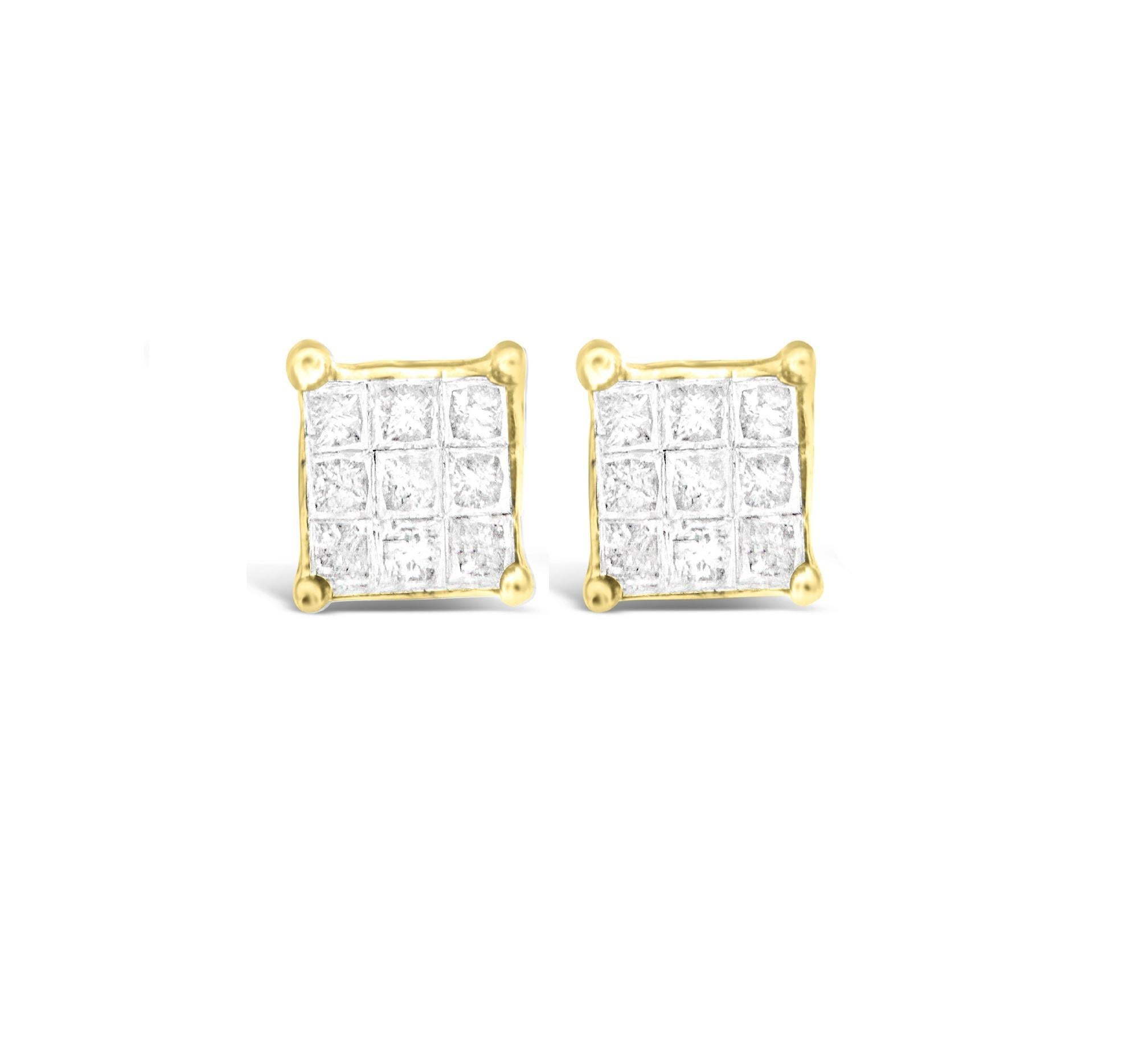 Taille princesse Boucles d'oreilles composées de 18 pierres en or jaune 10K avec 1/4 Ctw de diamant taille princesse en vente
