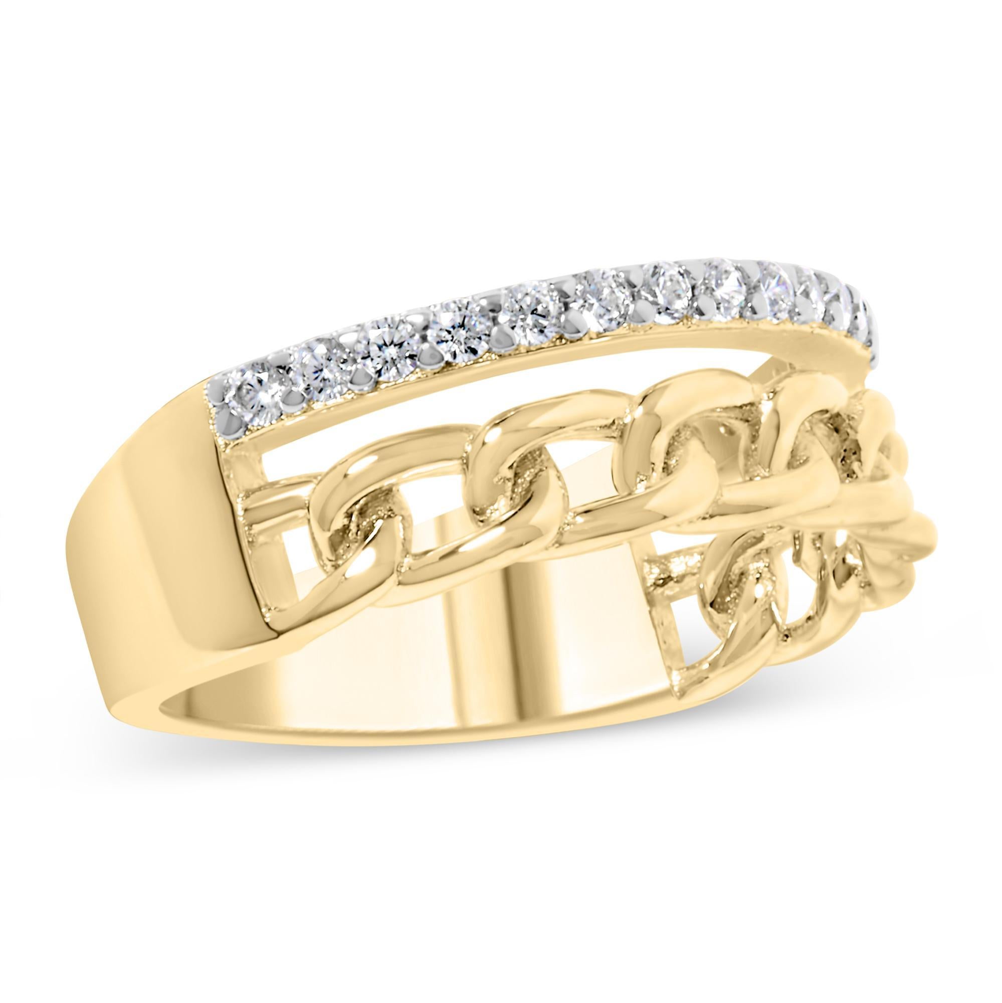 Modern 10K Yellow Gold 1/5 Cttw Diamond Cuban Link Ring Band For Sale